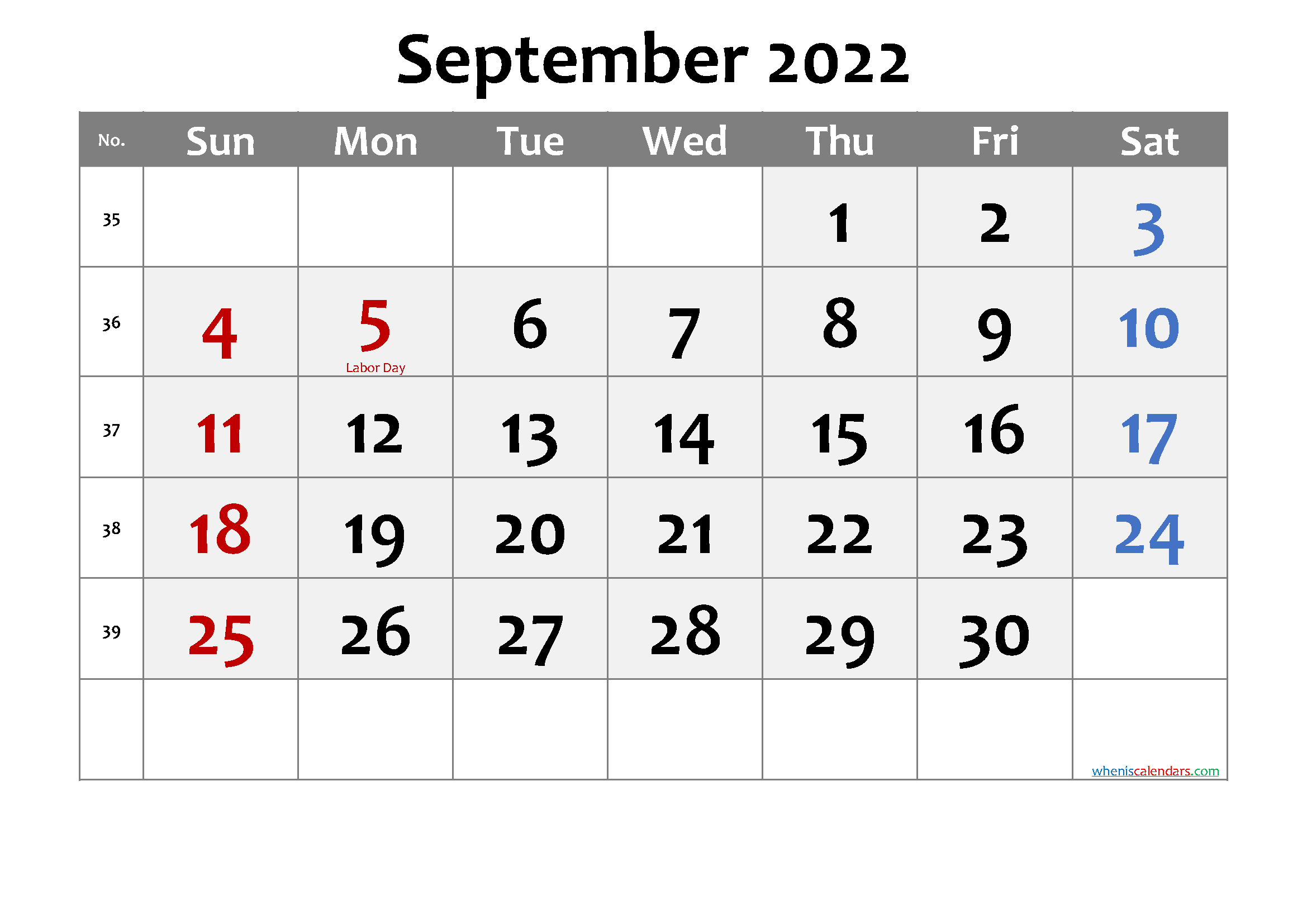 September 2022 Calendar with Holidays Printable