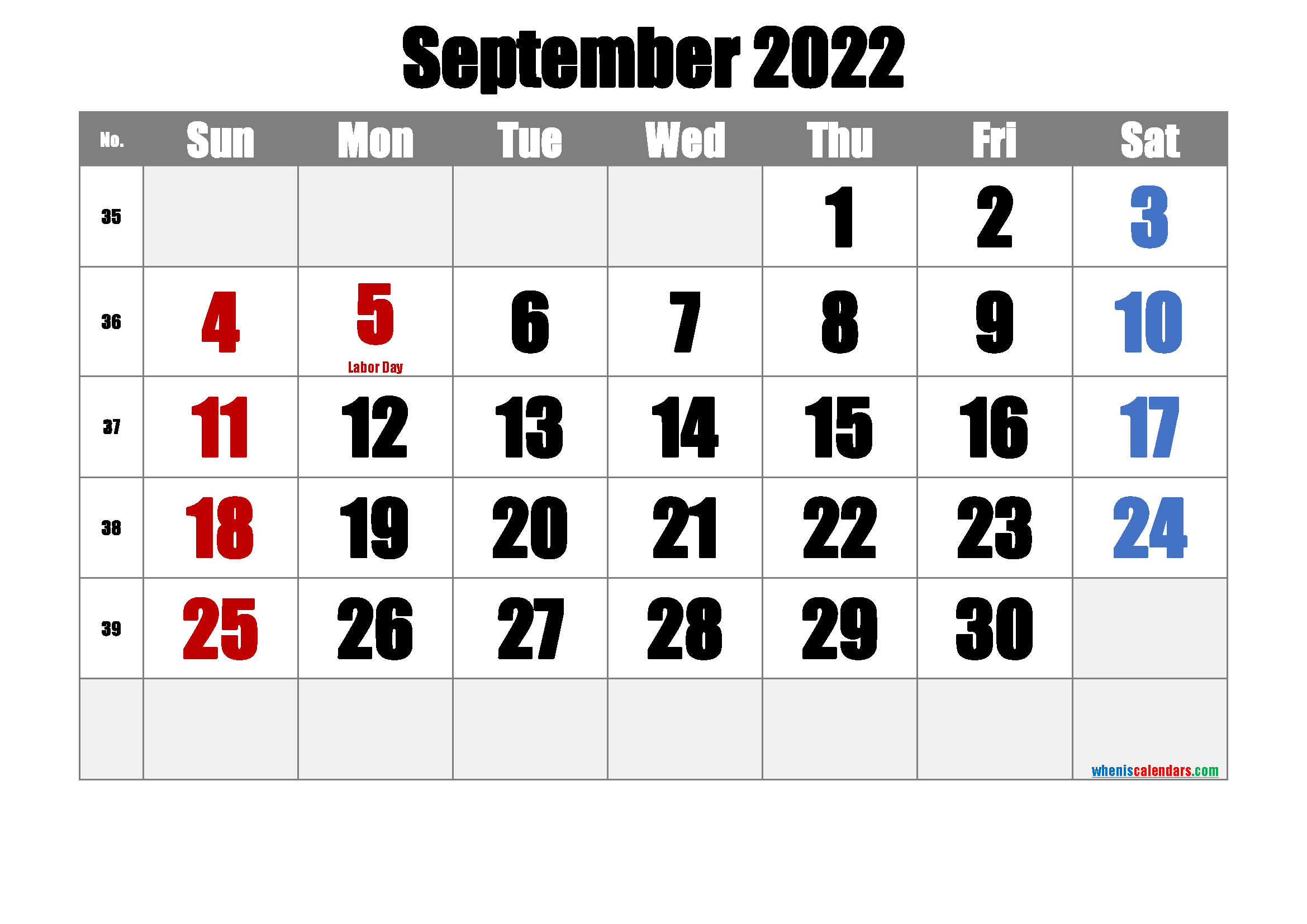 Free Printable September 2021 Calendar with Holidays