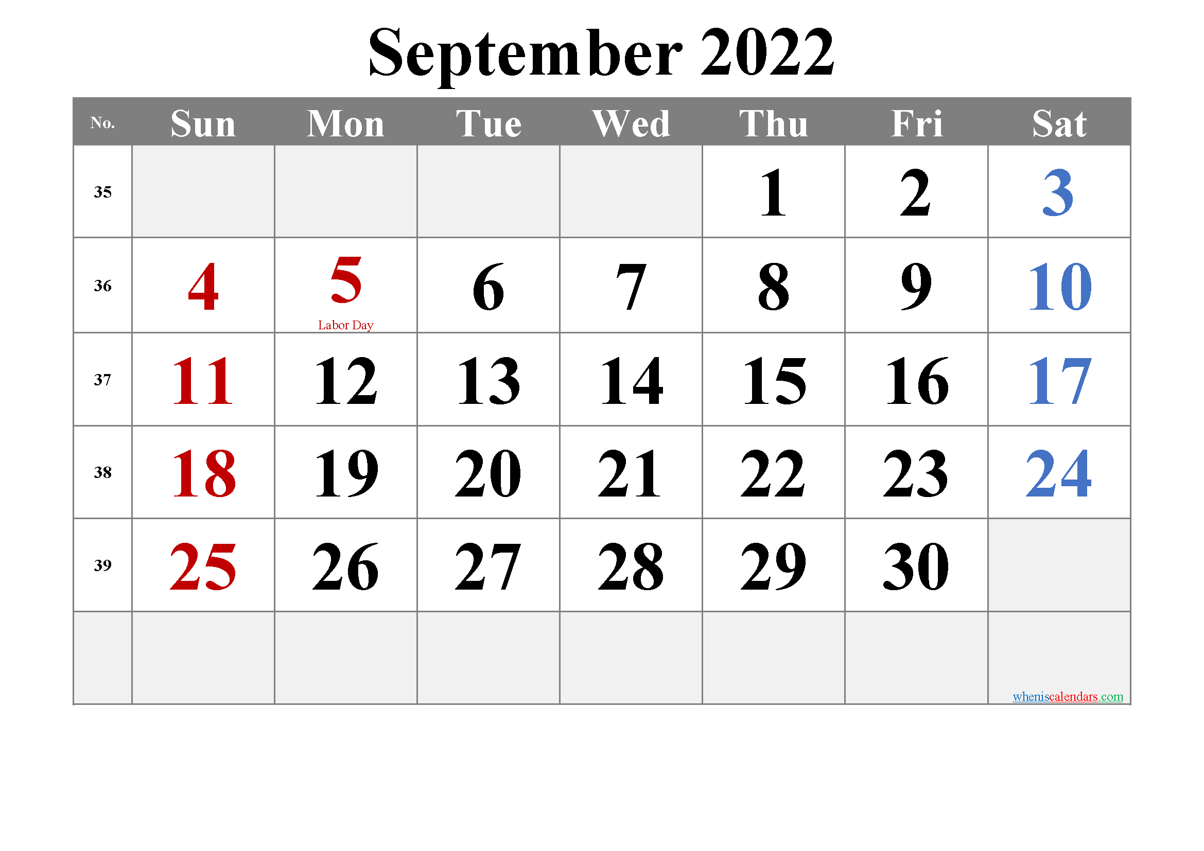 Printable September 2022 Calendar Word
