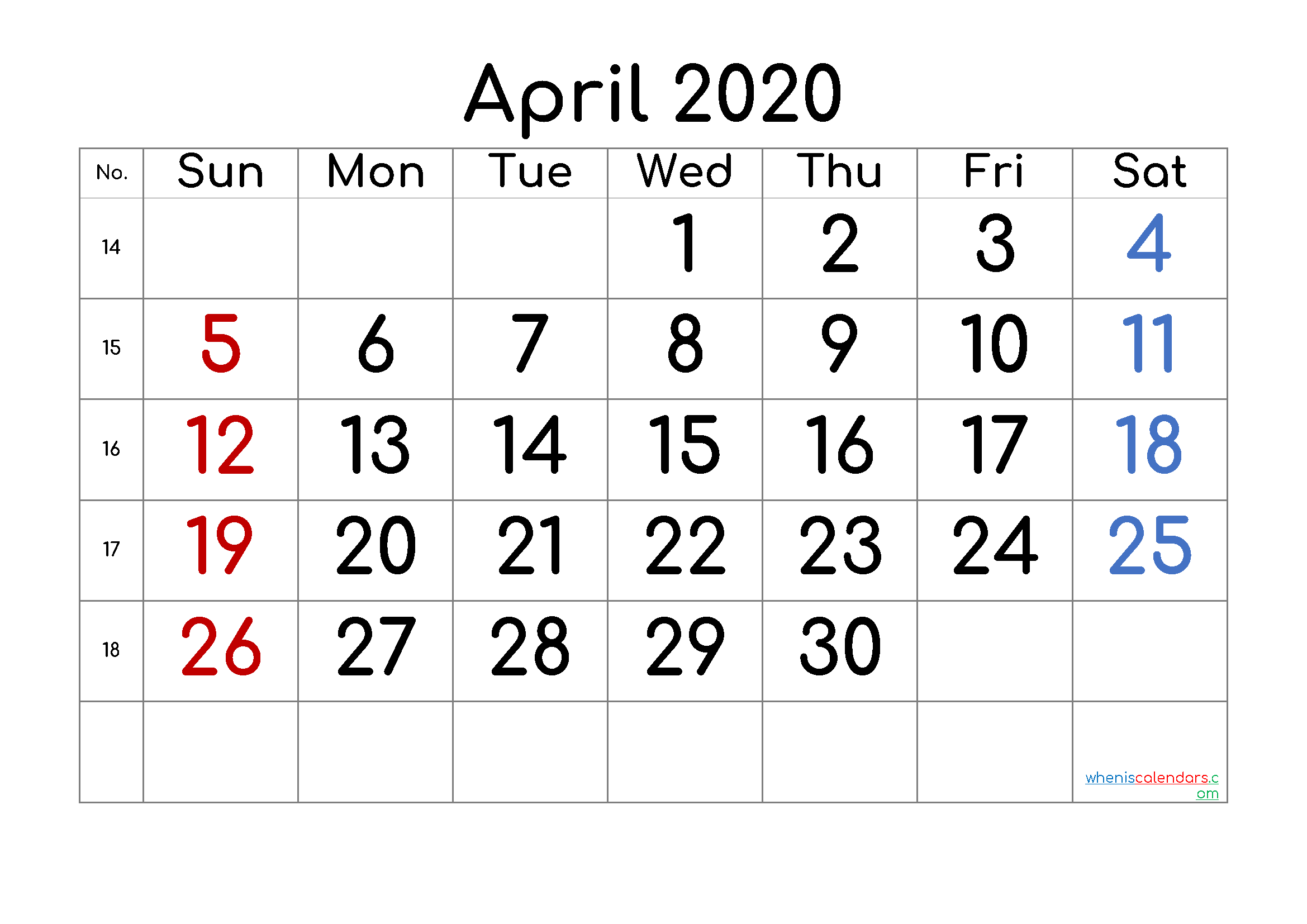 April 2020 Printable Calendar with Week Numbers