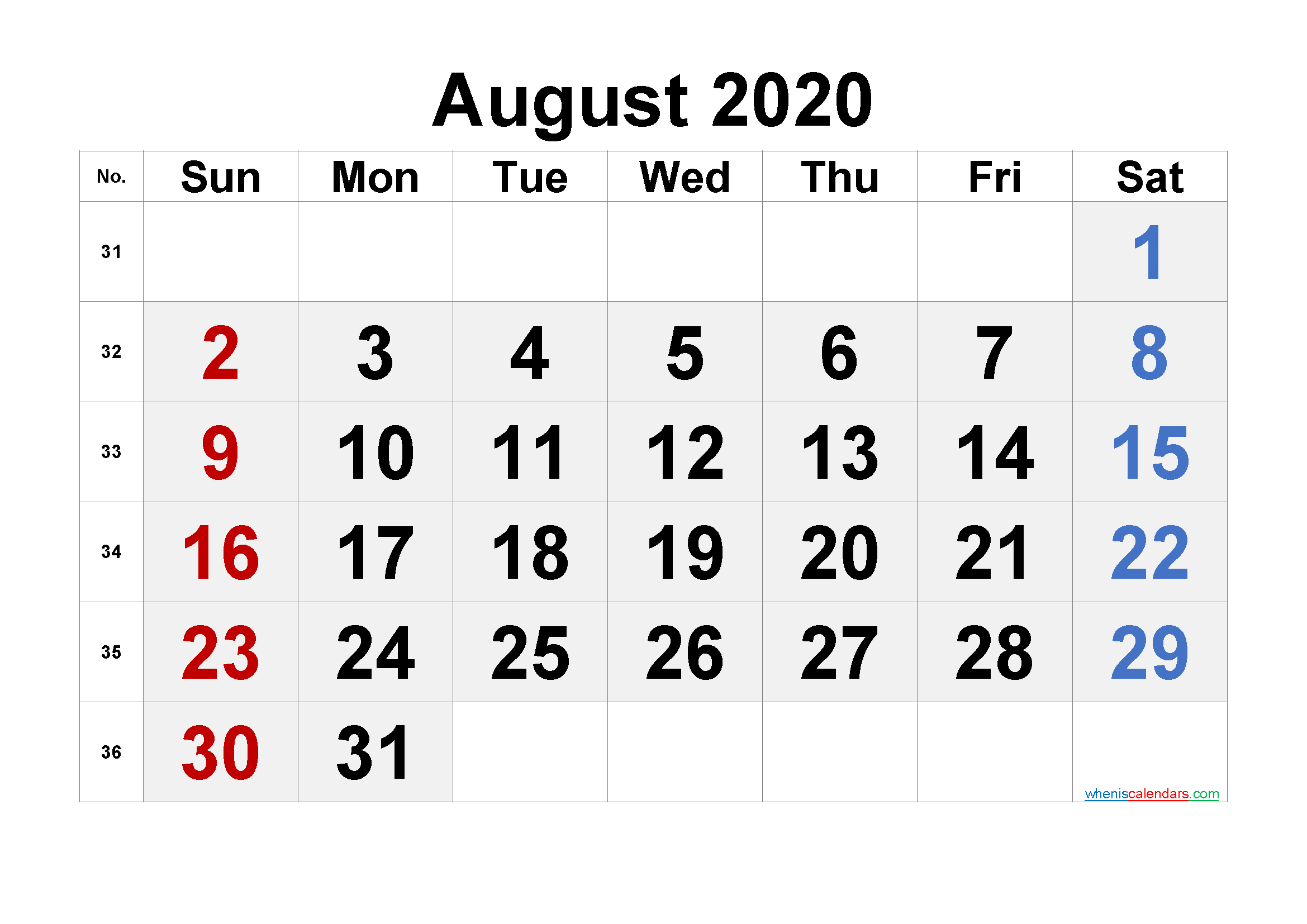 Printable August 2020 Calendar