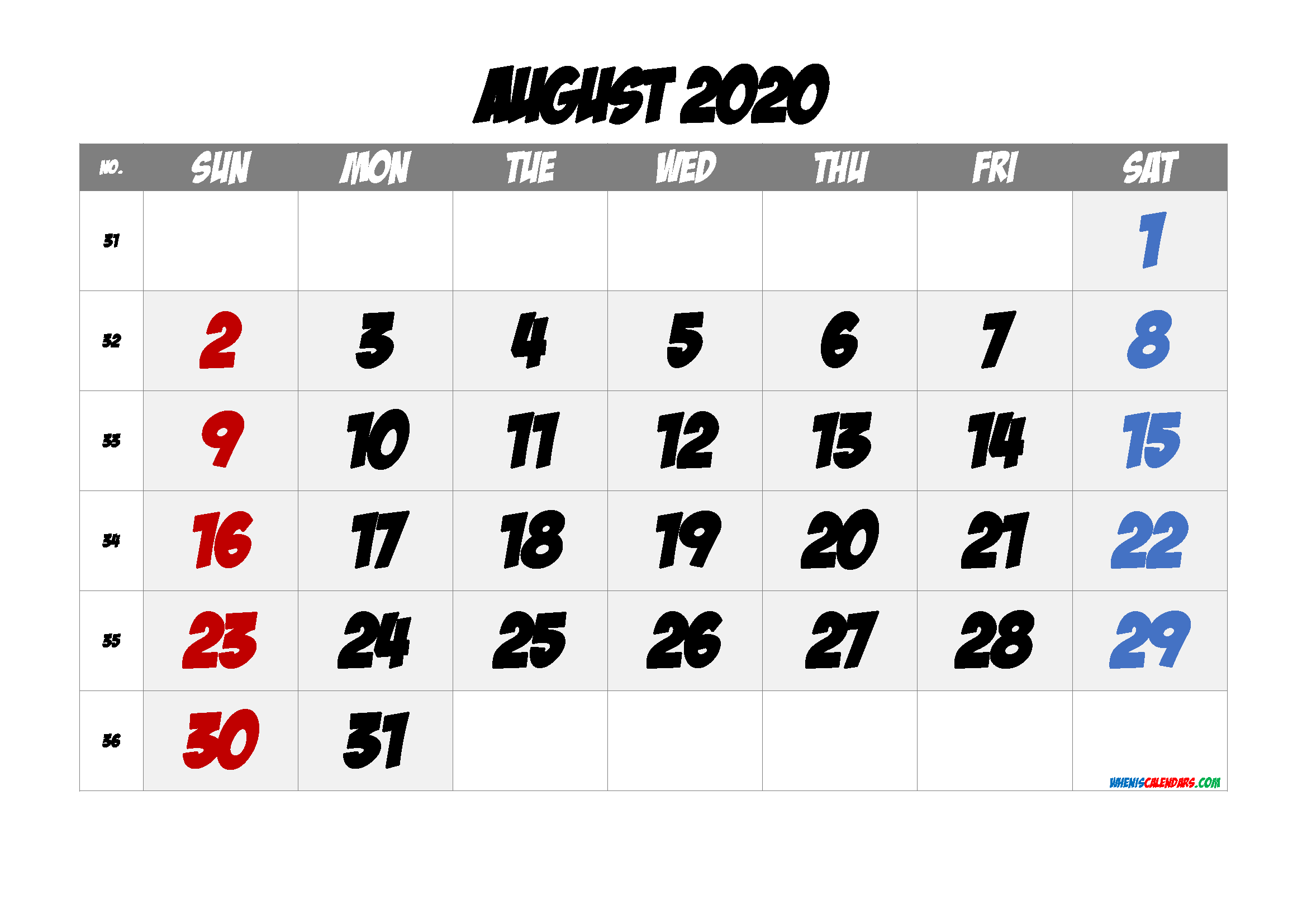 Printable Calendar August 2020