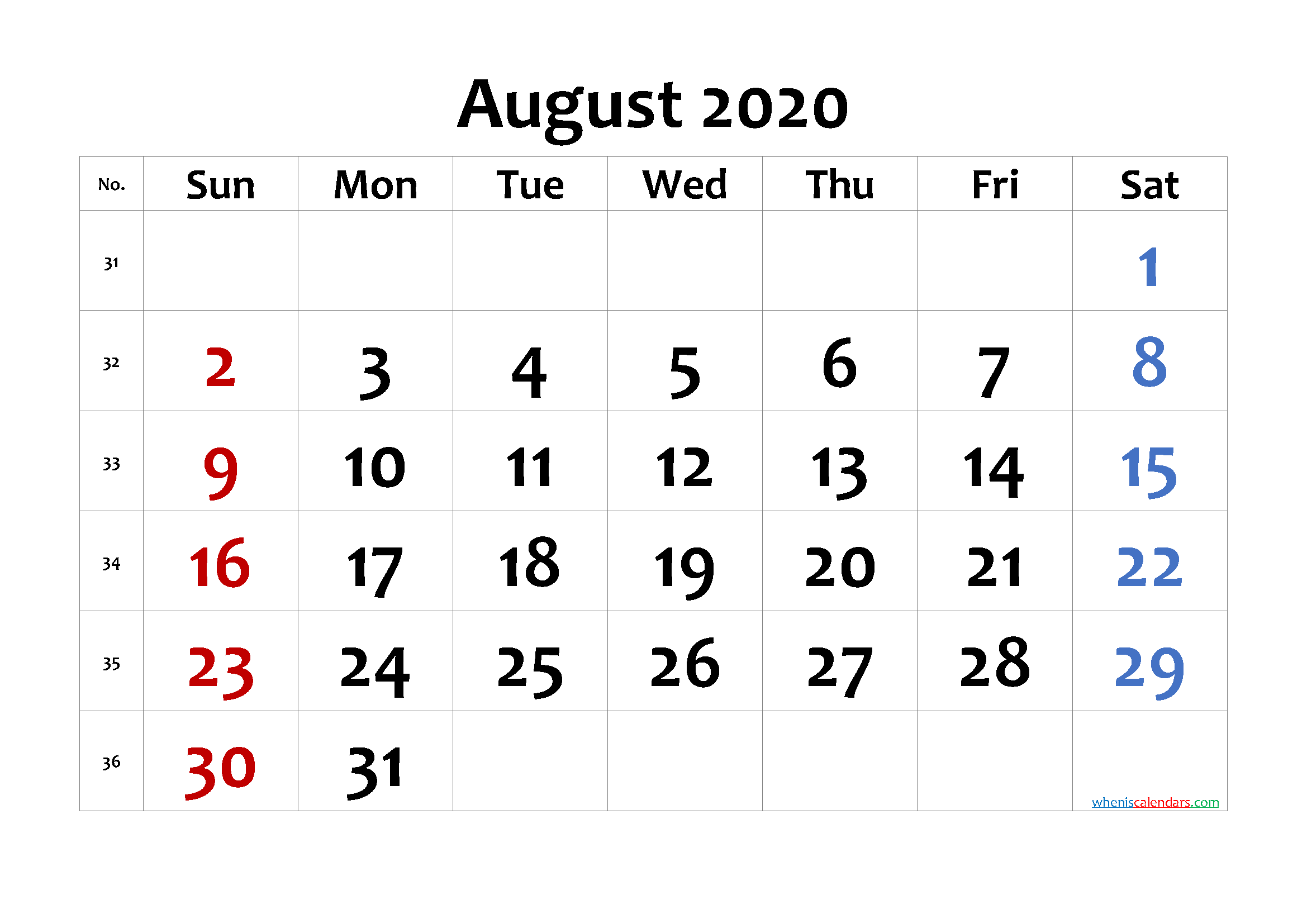 Free Printable Calendar 2020 August
