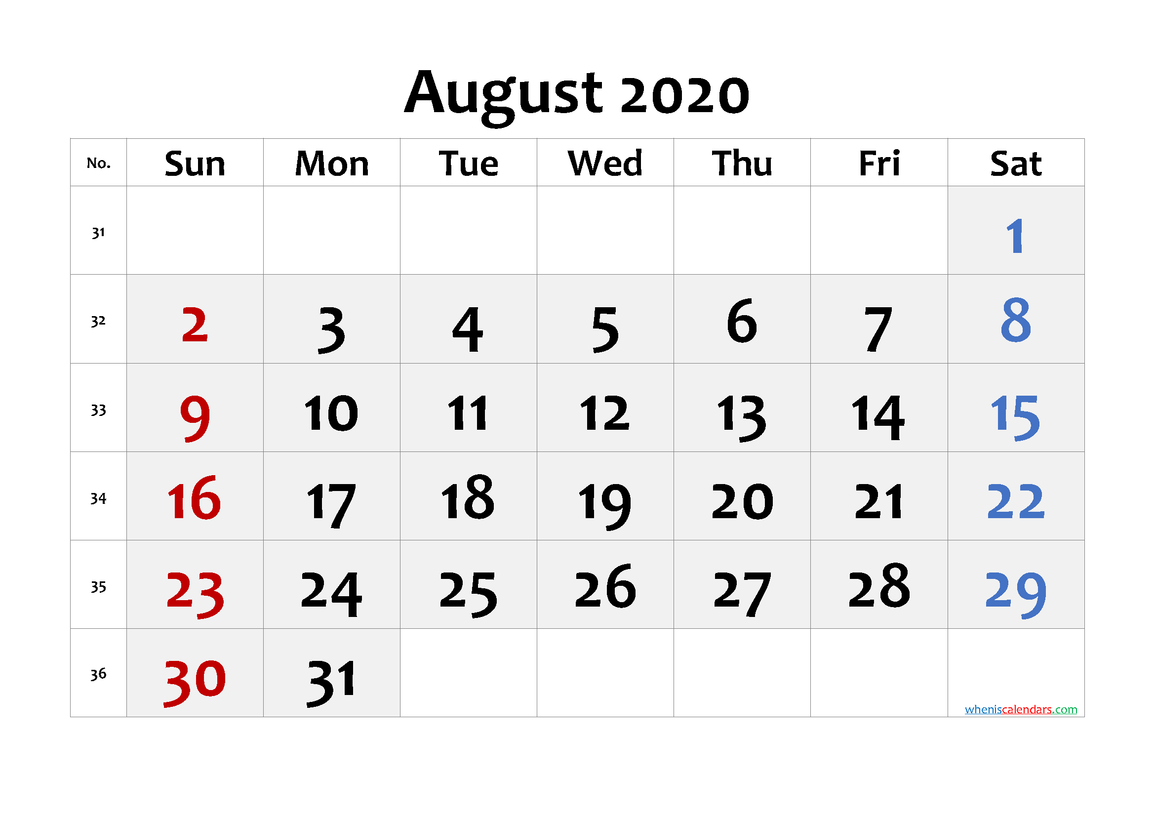 2020 August Free Printable Calendar