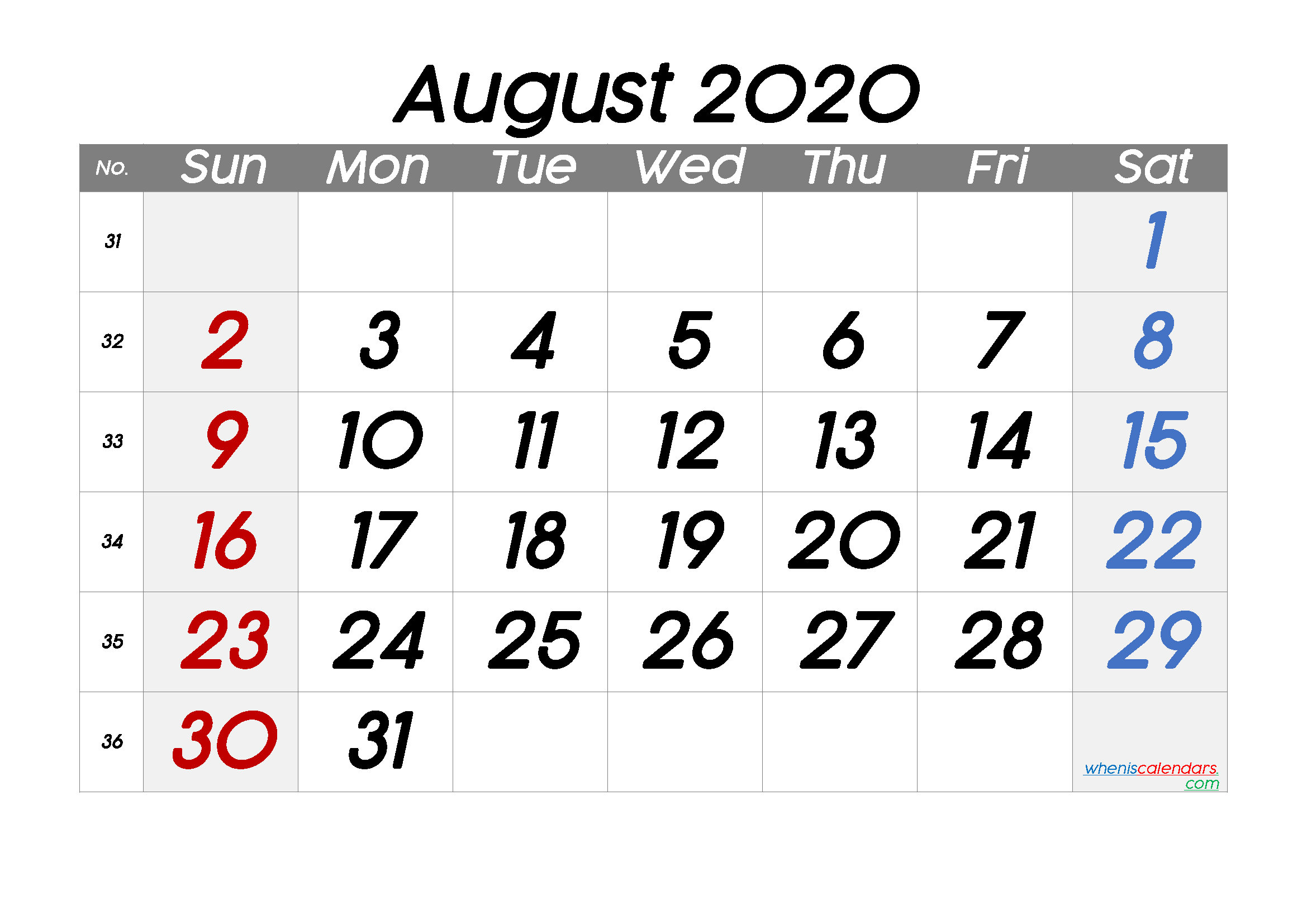 Free August 2020 Calendar