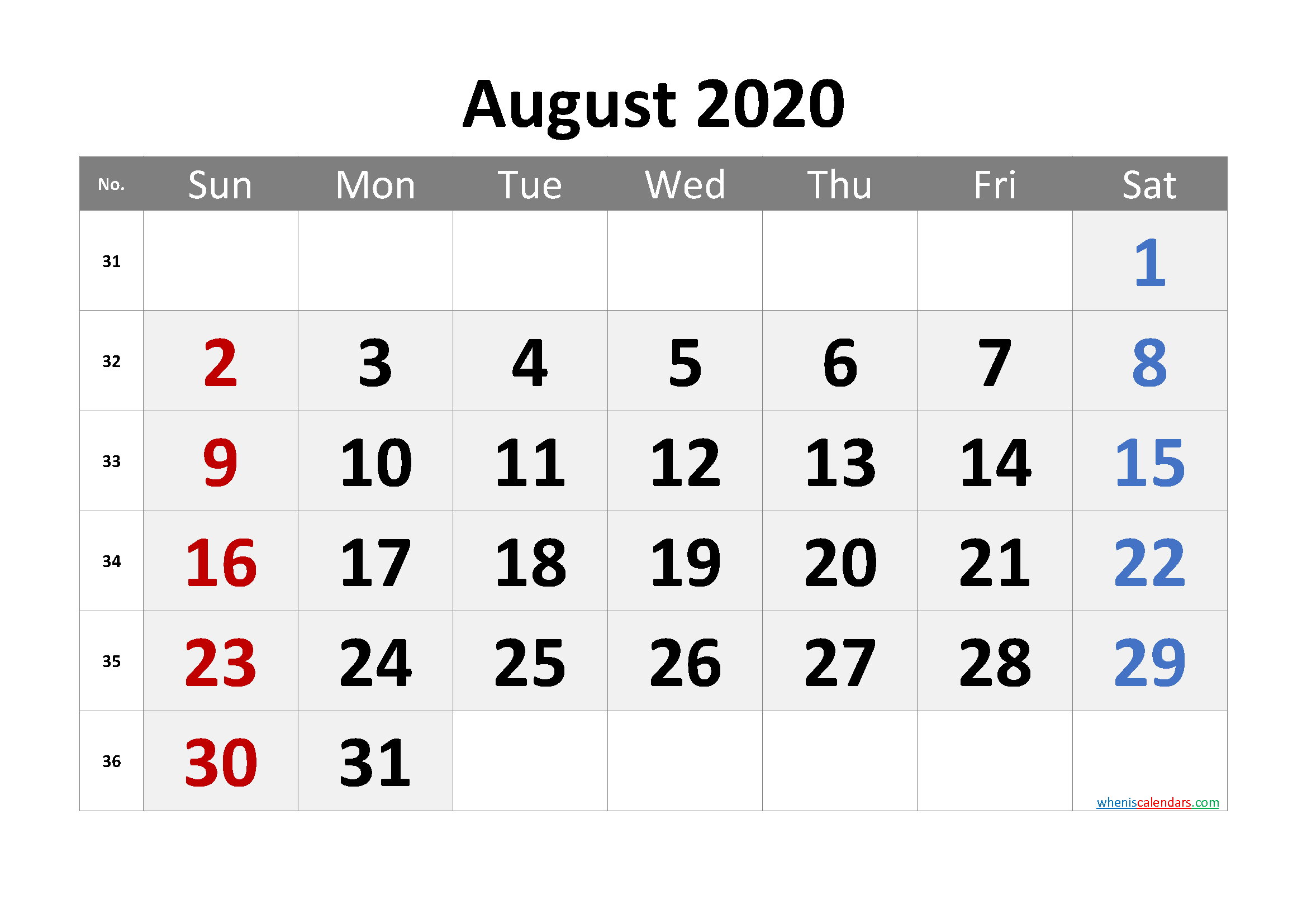 Printable Calendar August 2020