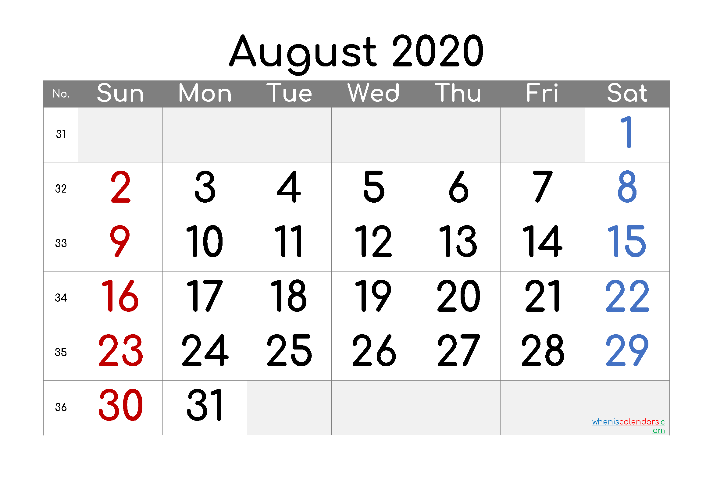 2020 August Free Printable Calendar