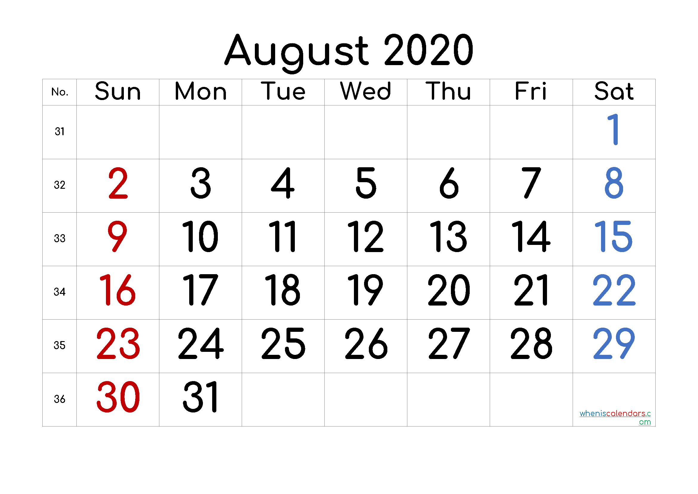 August 2020 Printable Calendar with Week Numbers