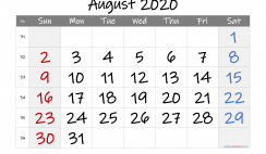 Free Printable 2020 August  Calendar