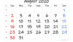 Free August 2020 Calendar with Week Numbers