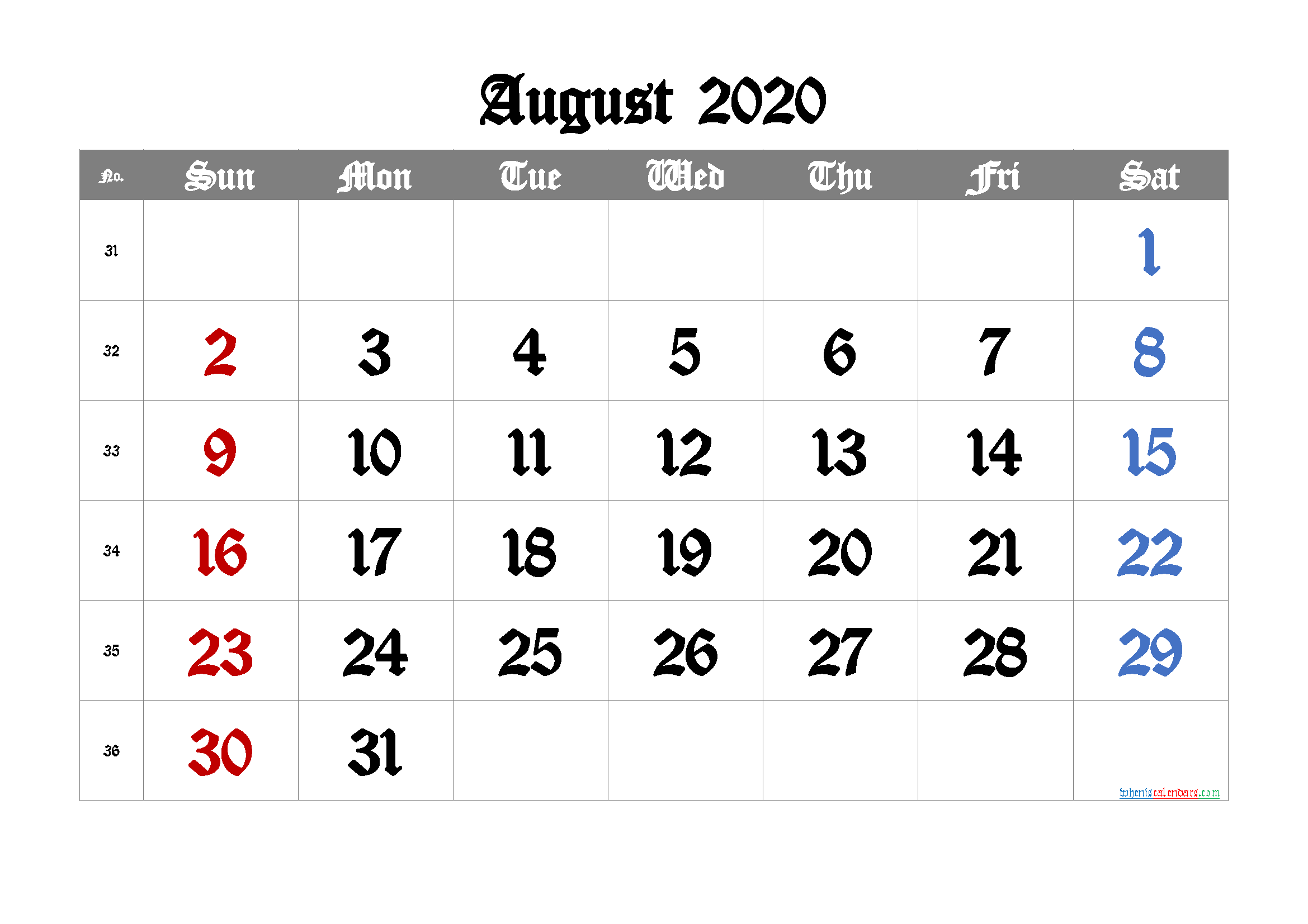 August 2020 Printable Calendar