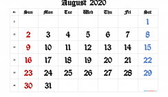 Free Printable 2020 August  Calendar