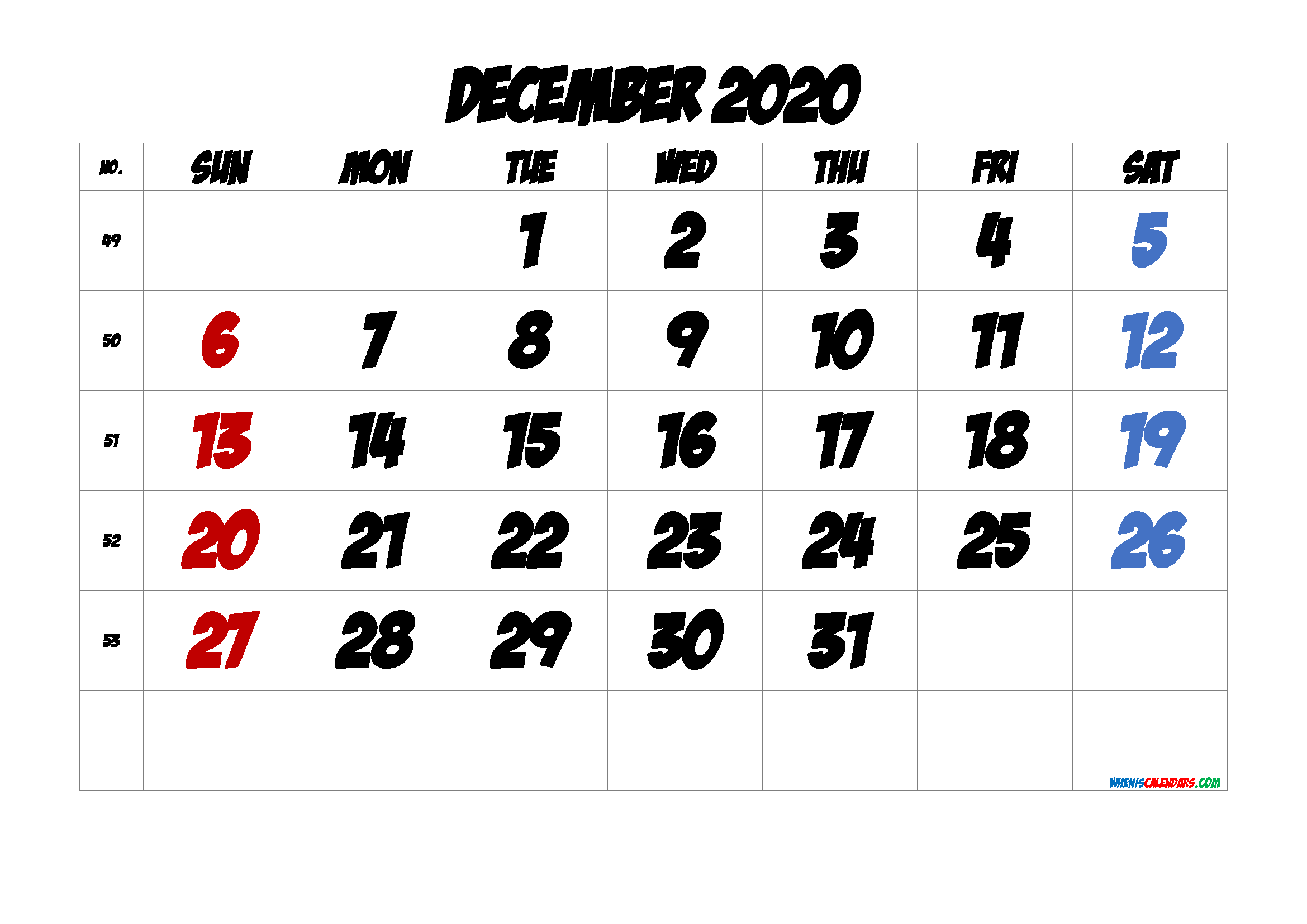 Free December 2020 Calendar