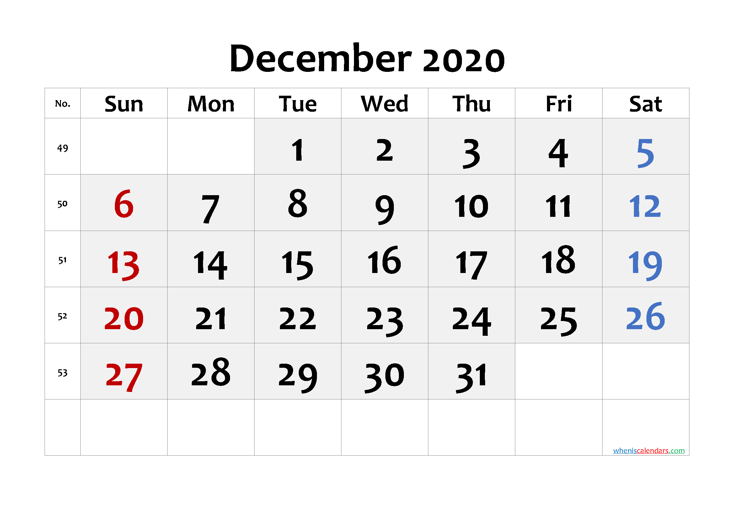2020 December Free Printable Calendar