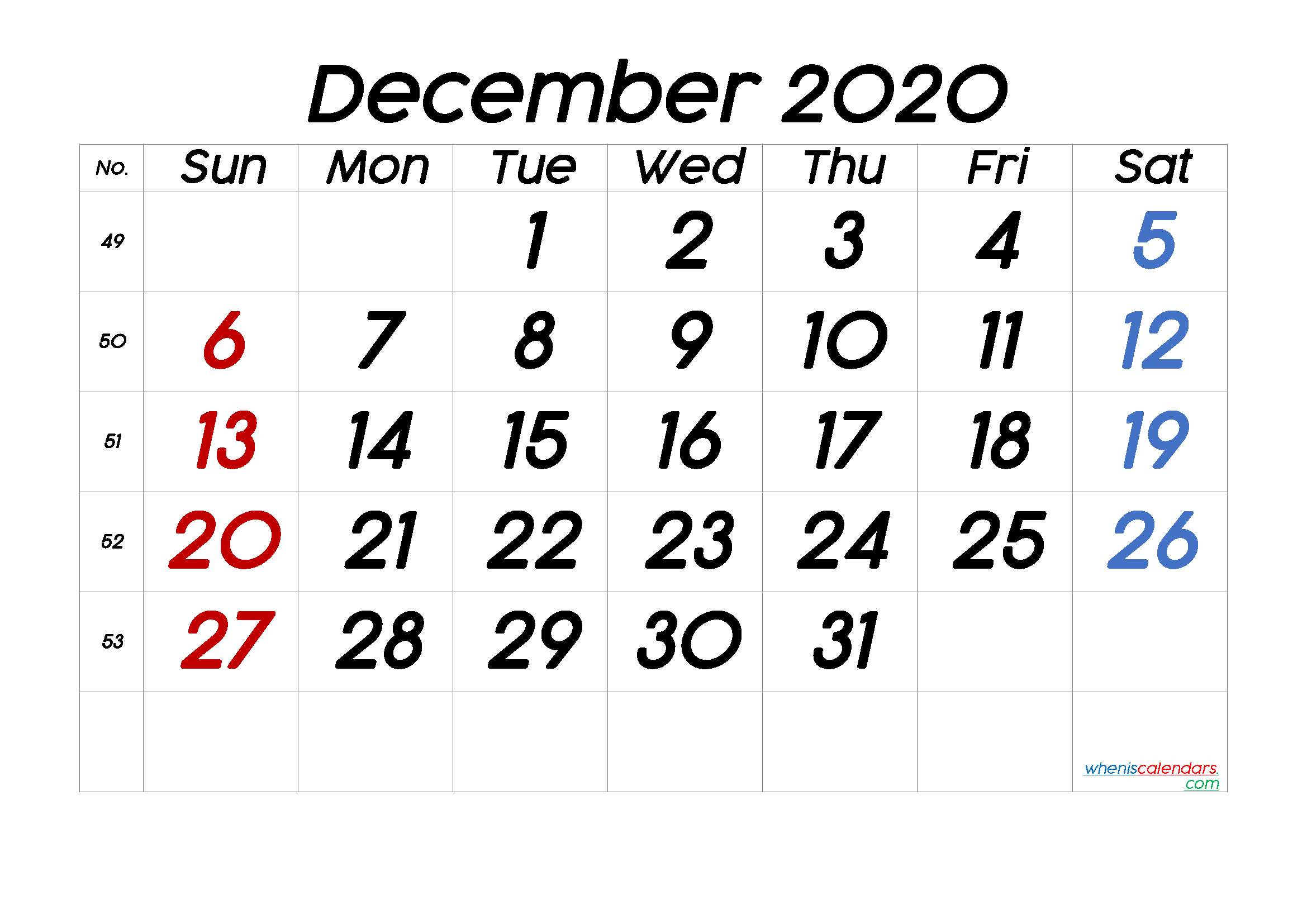 Printable Calendar December 2020