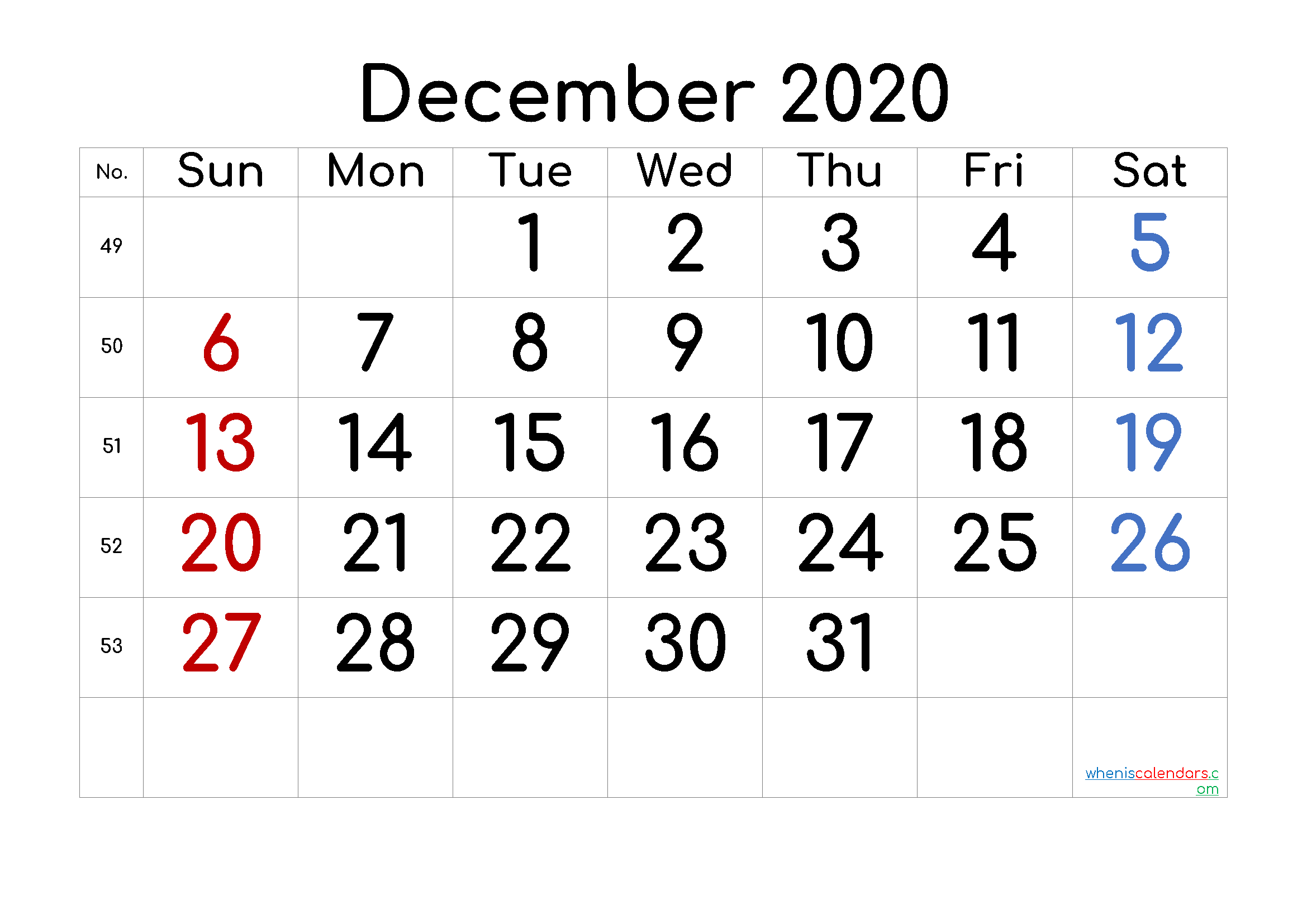 December 2020 Printable Calendar with Week Numbers