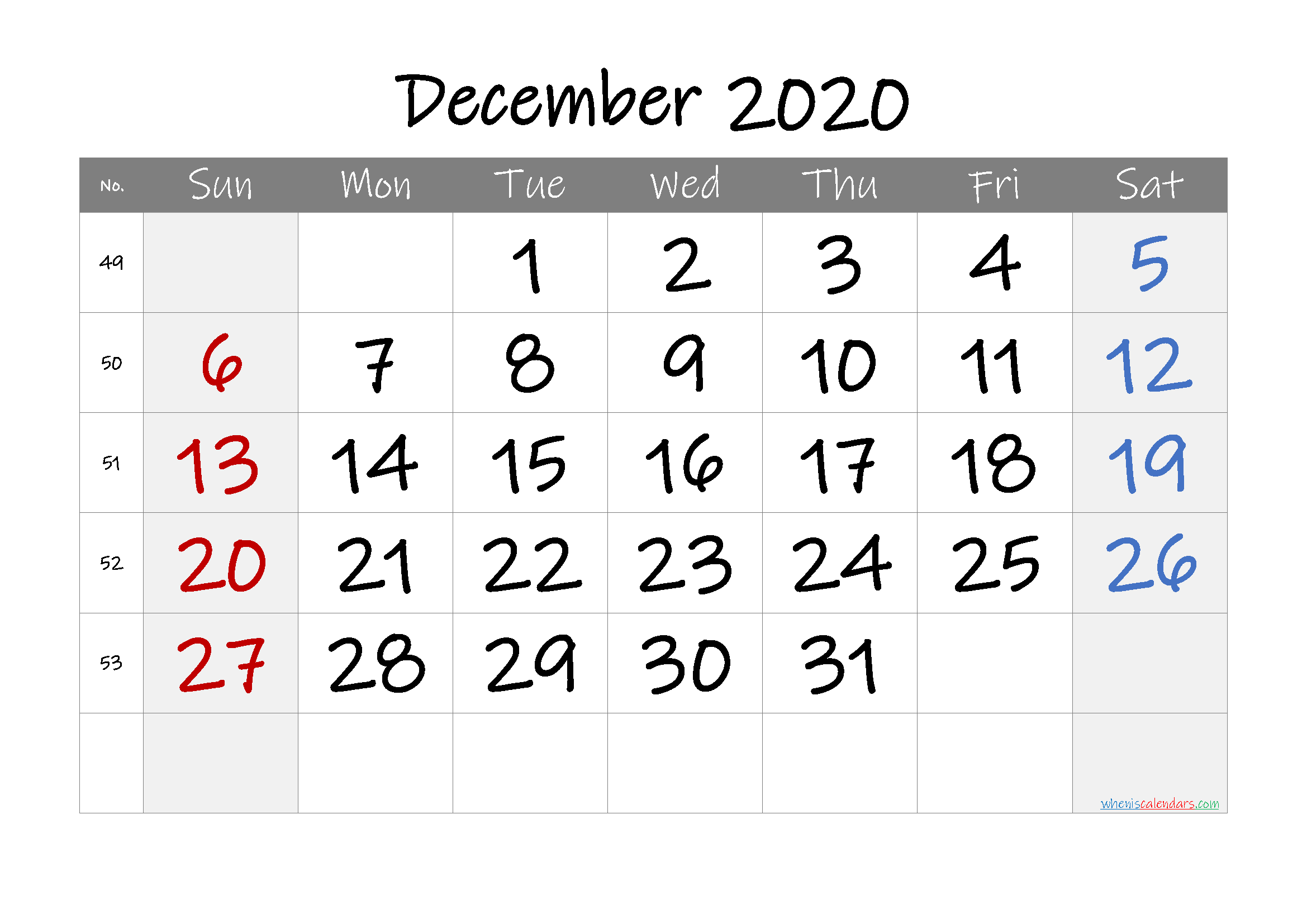Free Printable 2020 December Calendar