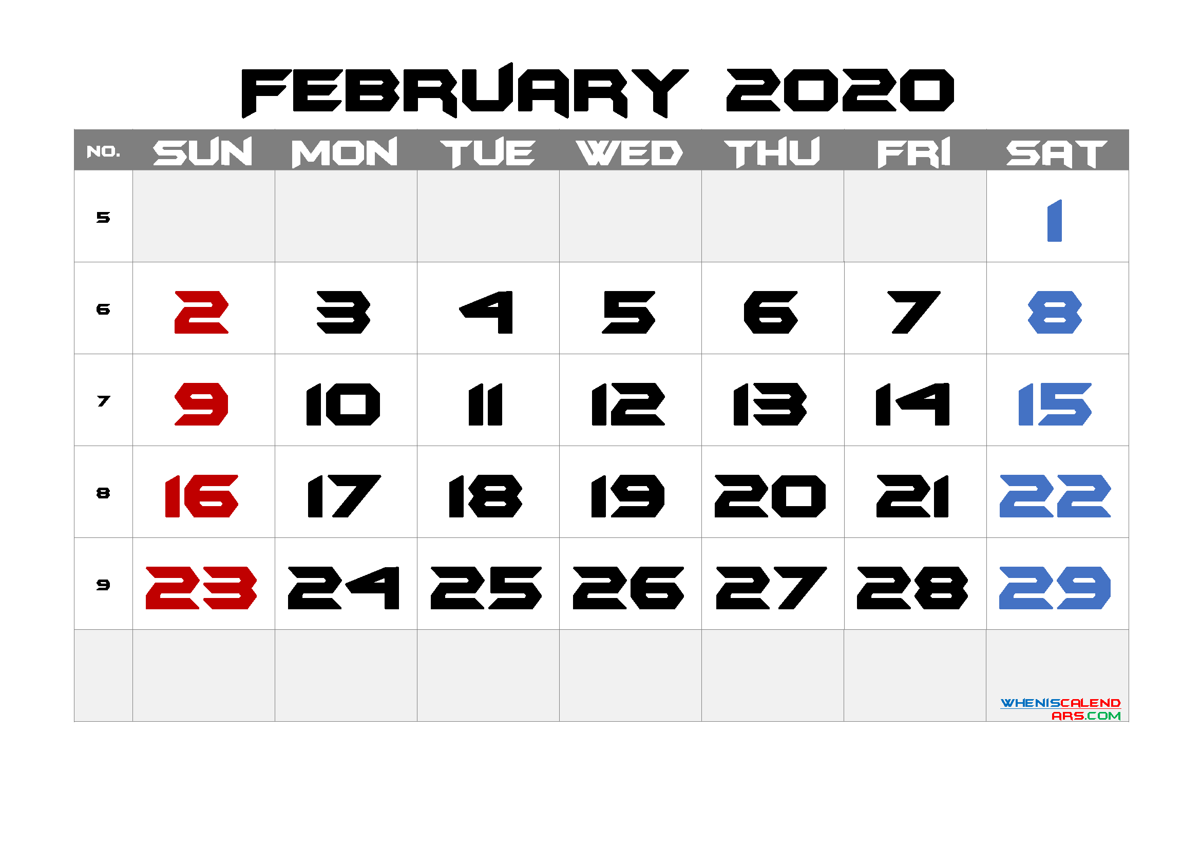 2020 February Free Printable Calendar