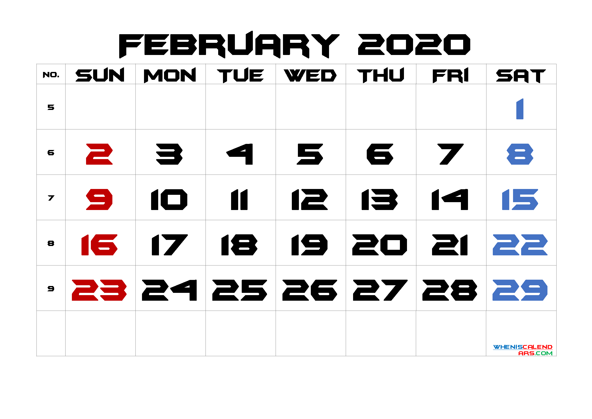 February 2020 Printable Calendar with Week Numbers