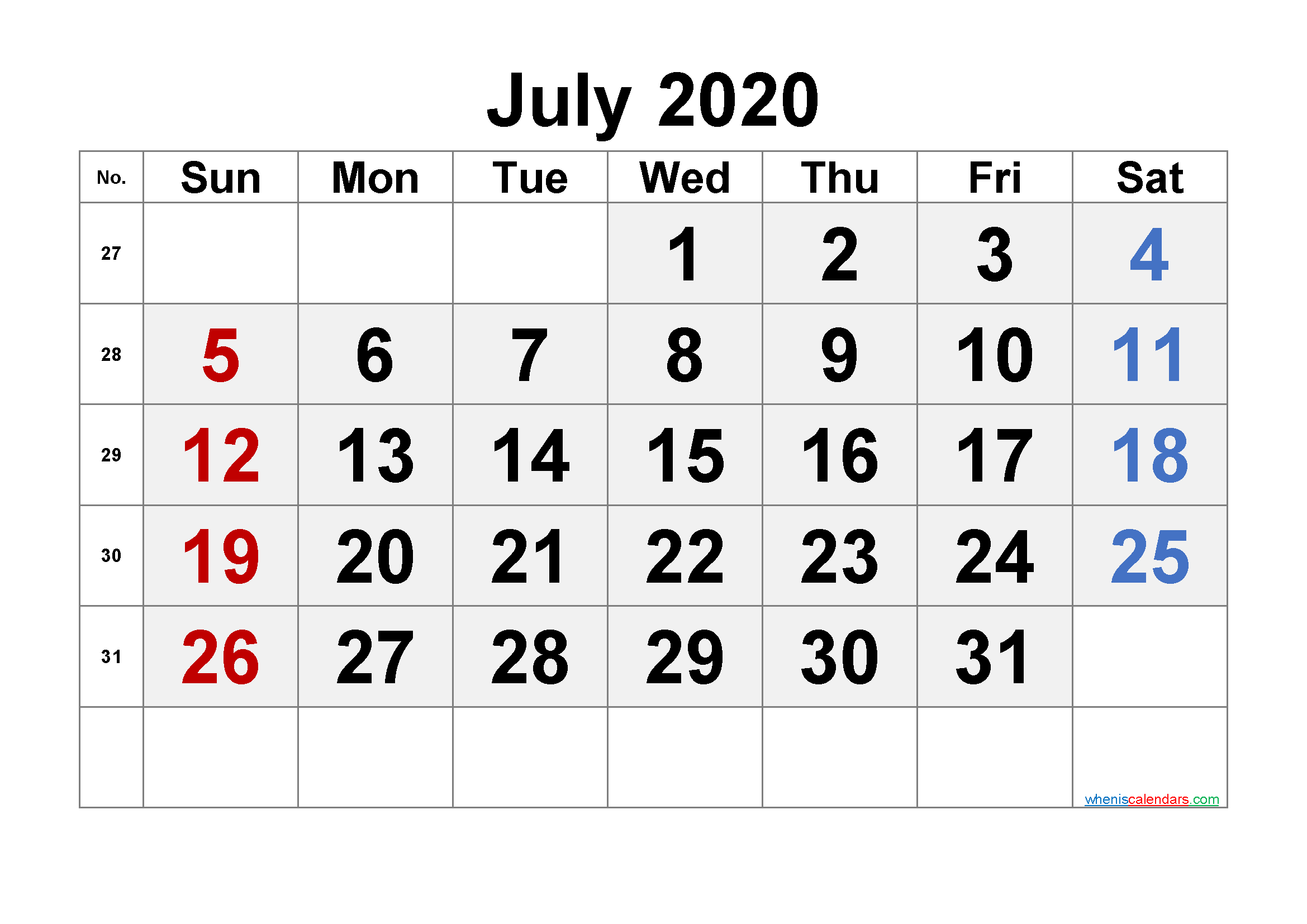 July 2020 Printable Calendar