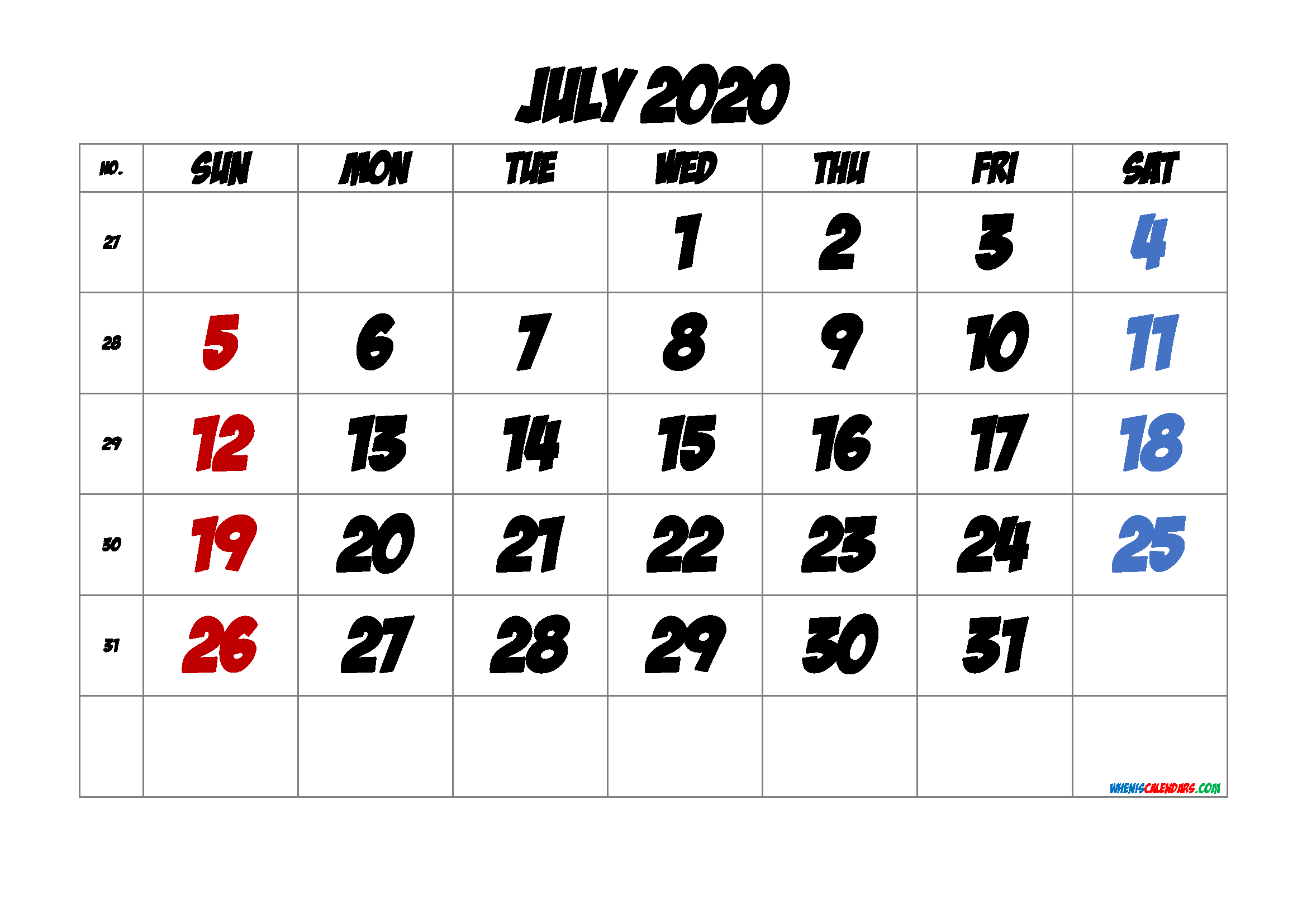 Free July 2020 Calendar