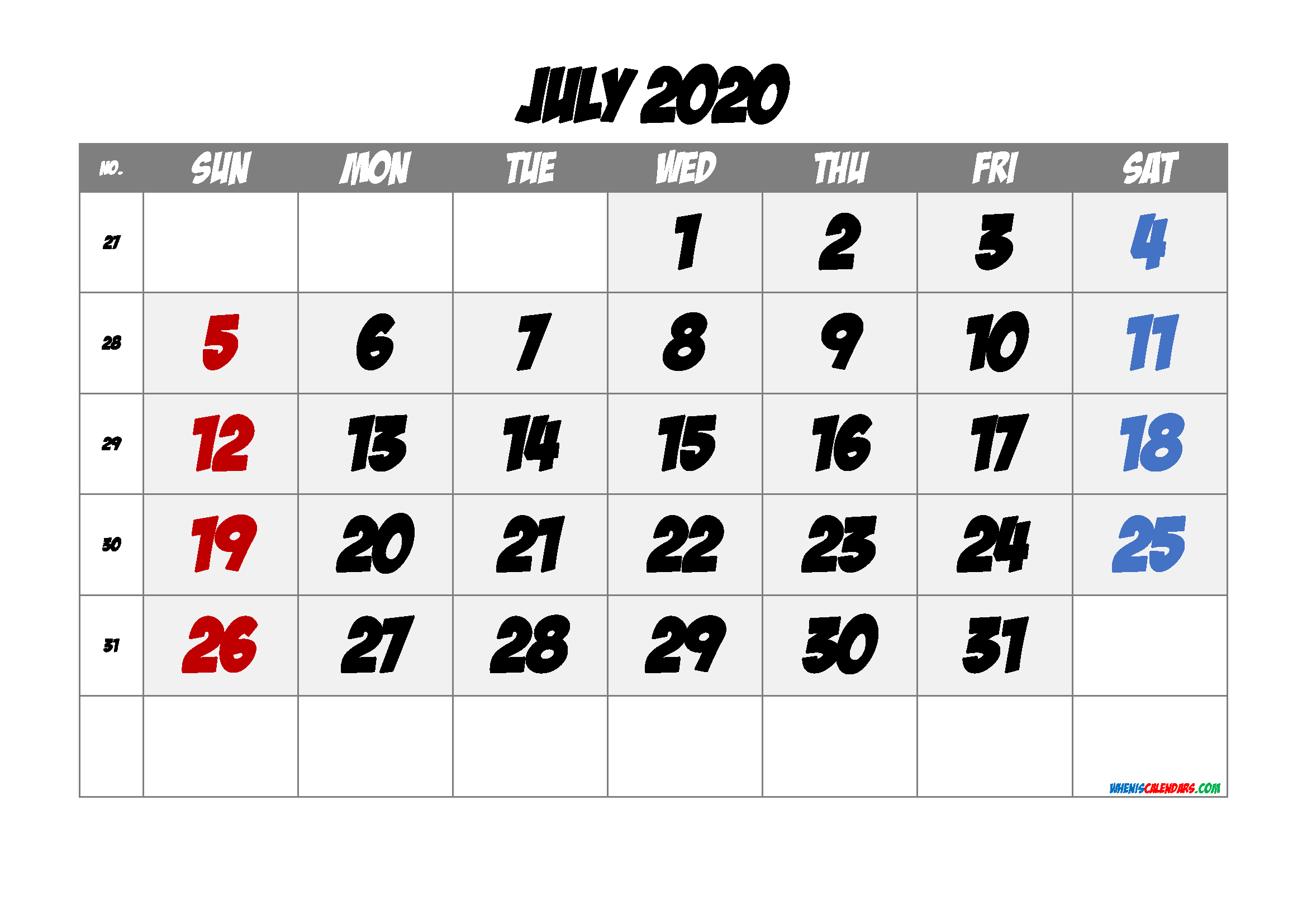 Printable Calendar July 2020