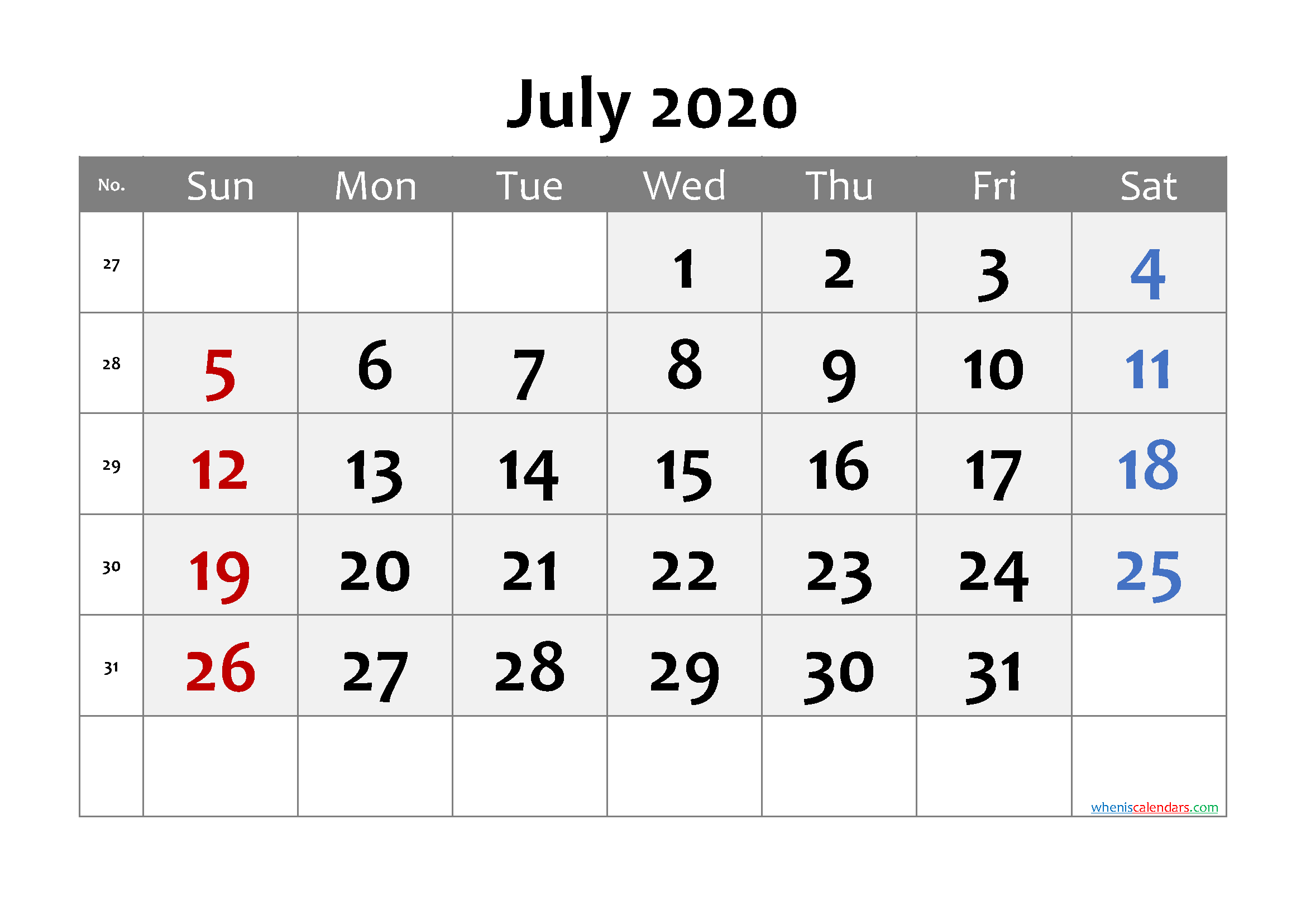 July 2020 Printable Calendar with Week Numbers
