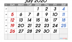 Free Printable July 2020 Calendar with Week Numbers