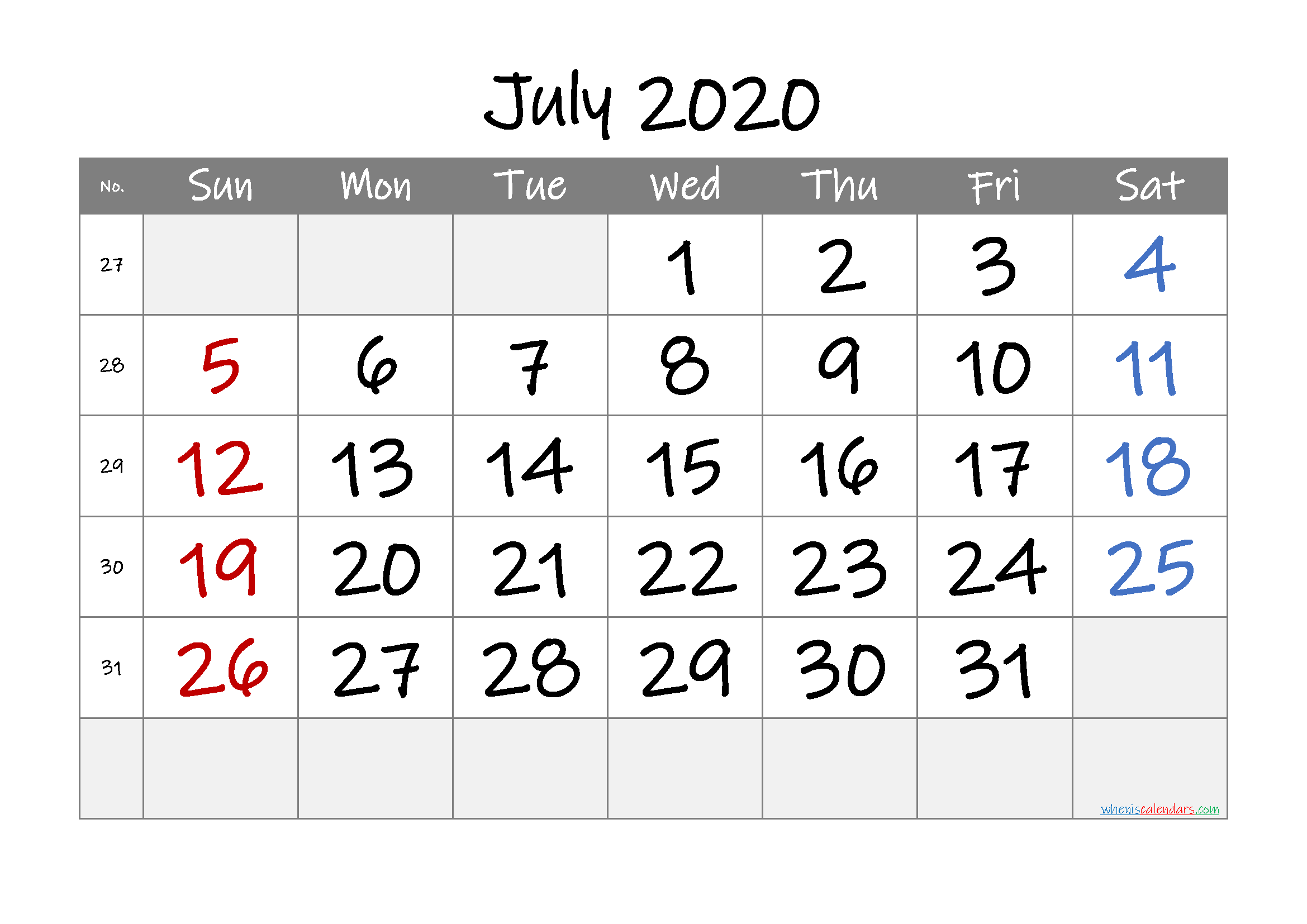 Printable July 2020 Calendar