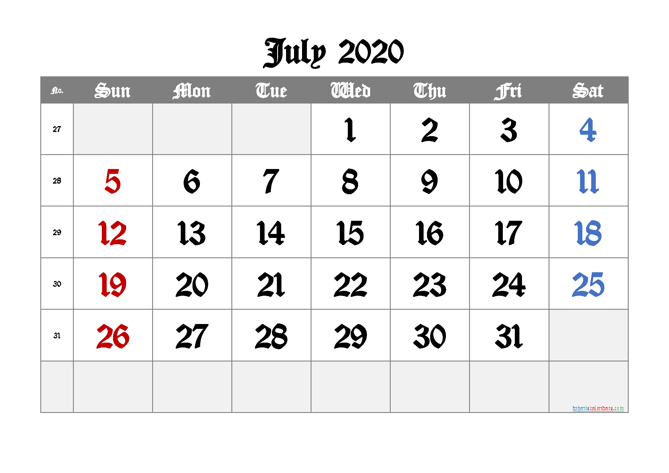 2020 July Free Printable Calendar