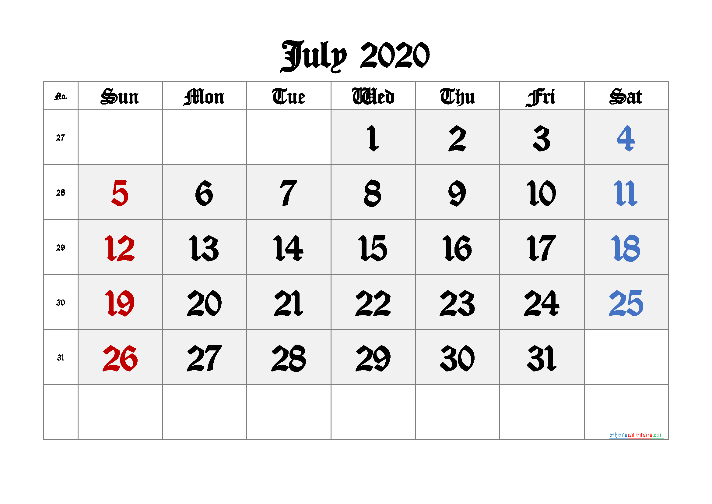Printable July 2020 Calendar
