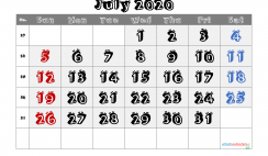 Free Printable 2020 July  Calendar