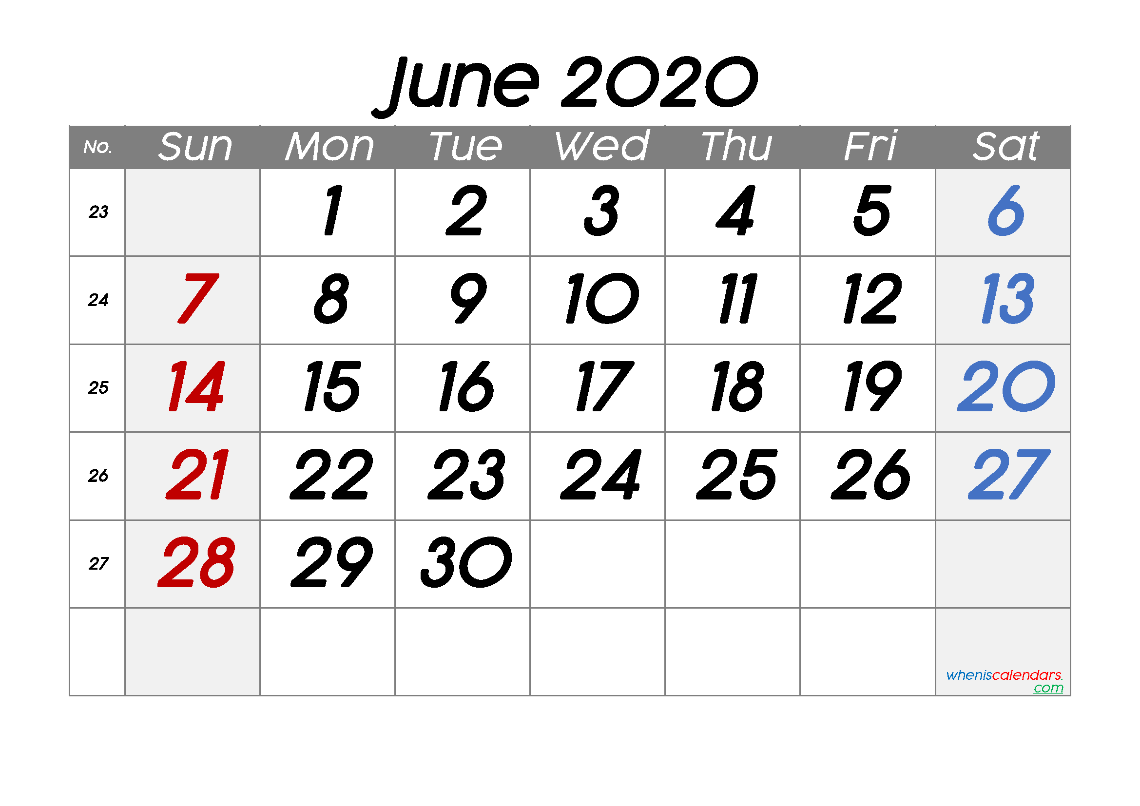 Printable June 2020 Calendar