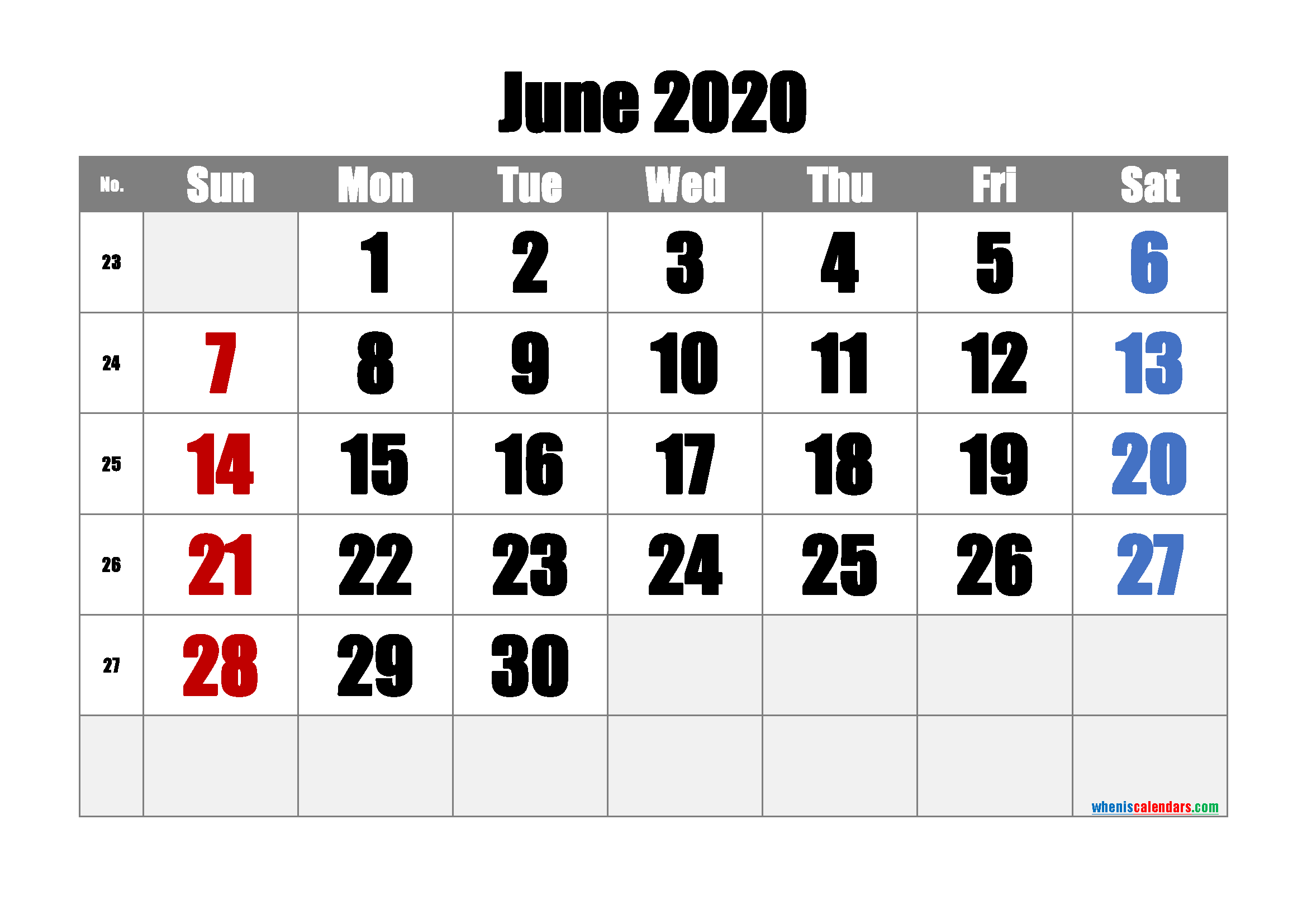 Free Printable June 2020 Calendar