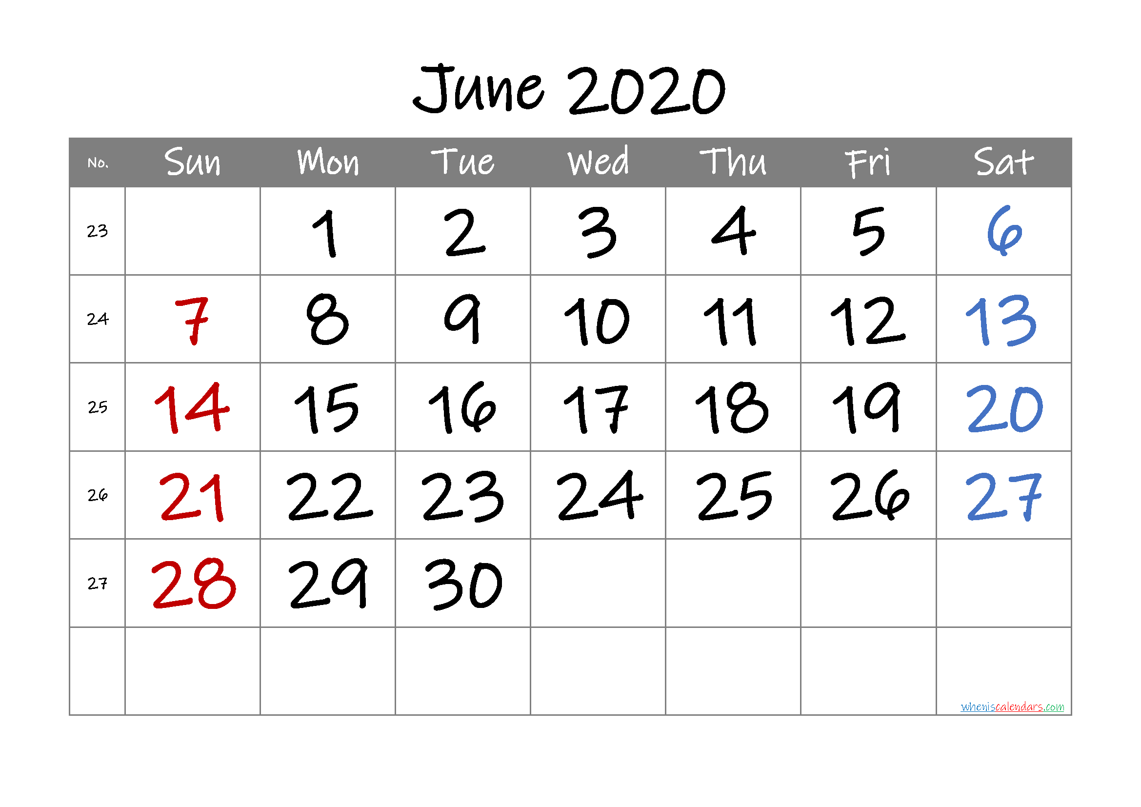 2020 June Free Printable Calendar