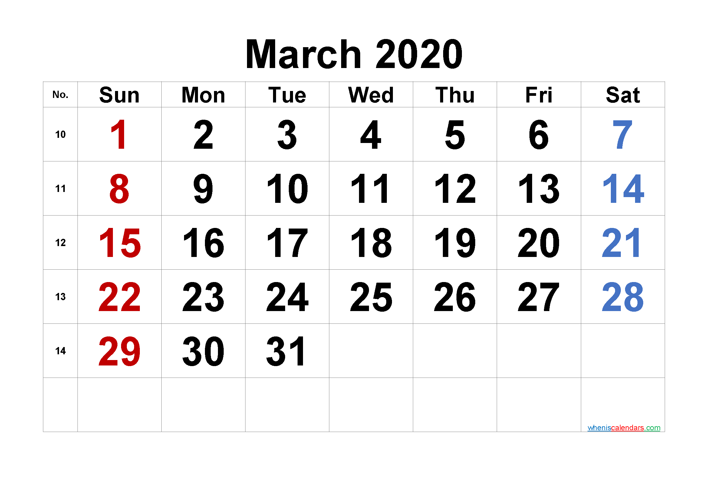Printable Calendar March 2020