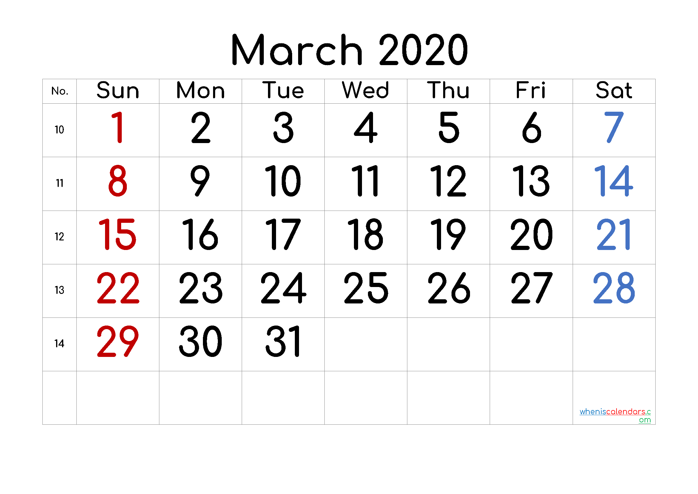 March 2020 Printable Calendar with Week Numbers