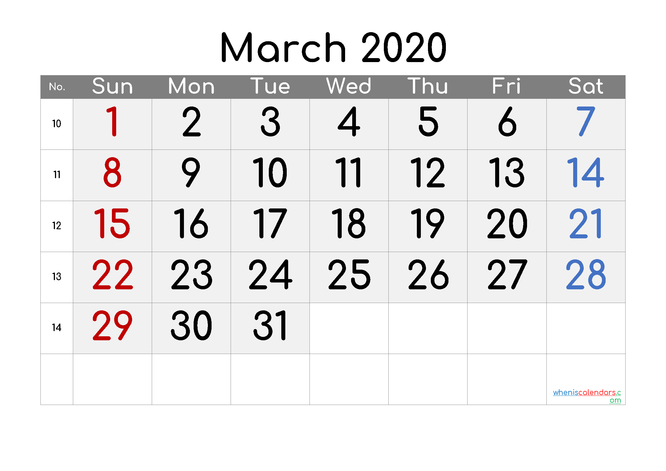 Free March 2020 Calendar