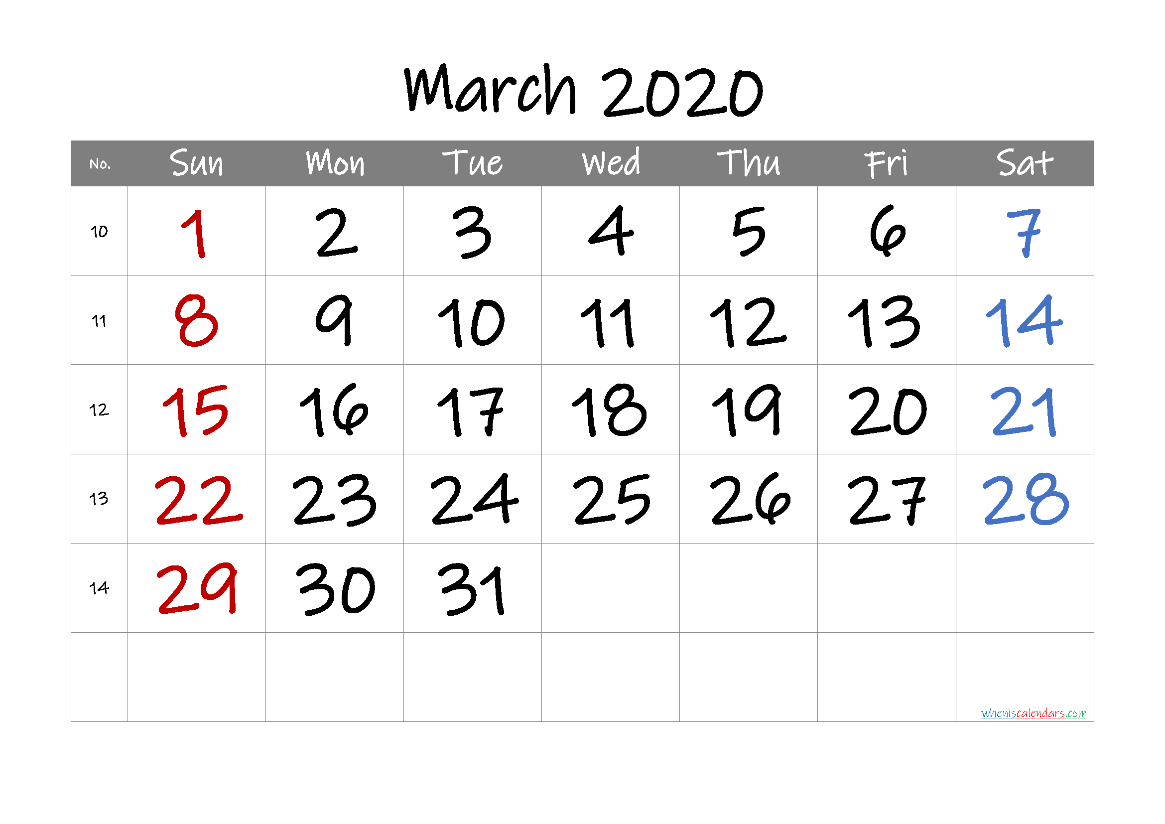 2020 March Free Printable Calendar