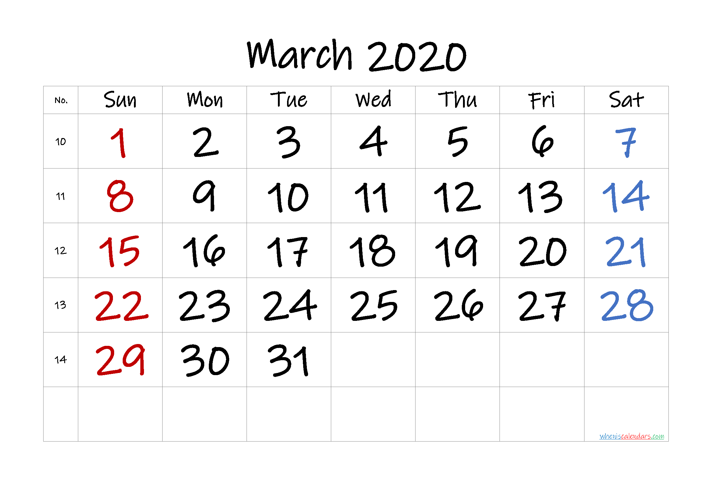 Free March 2020 Calendar