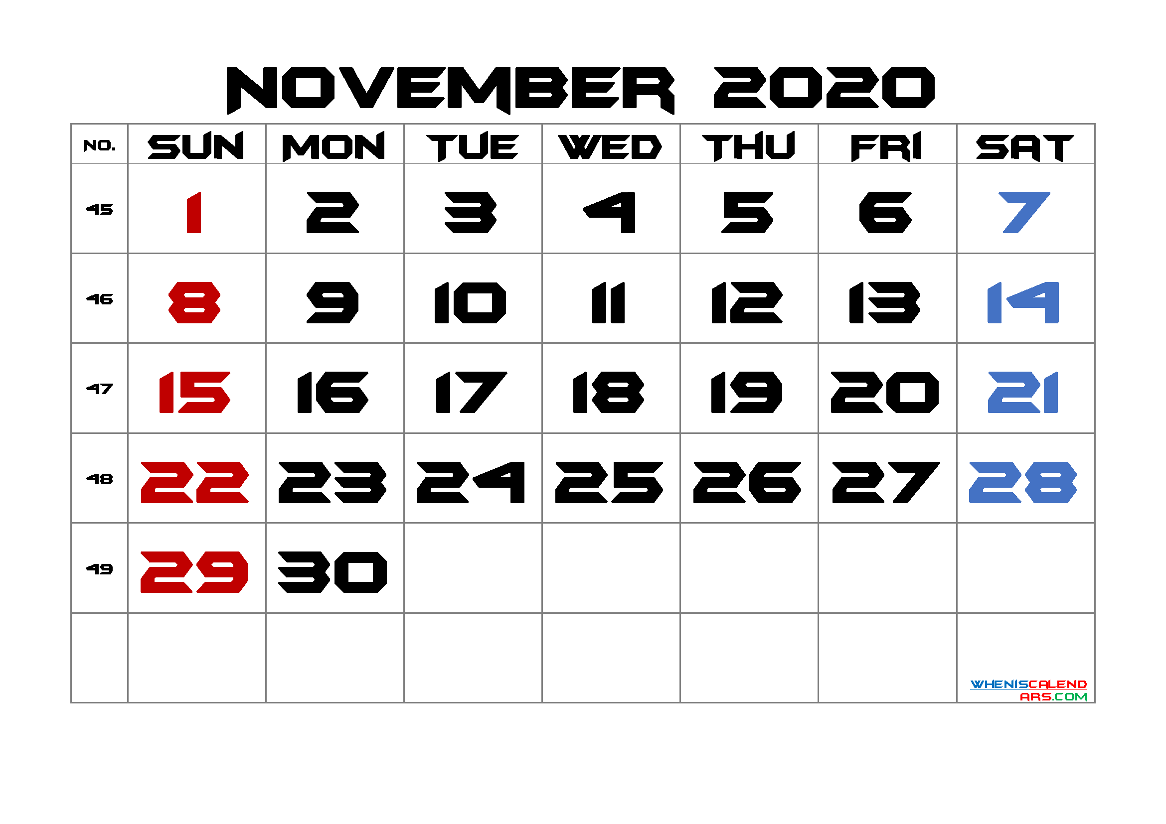 November 2020 Printable Calendar with Week Numbers