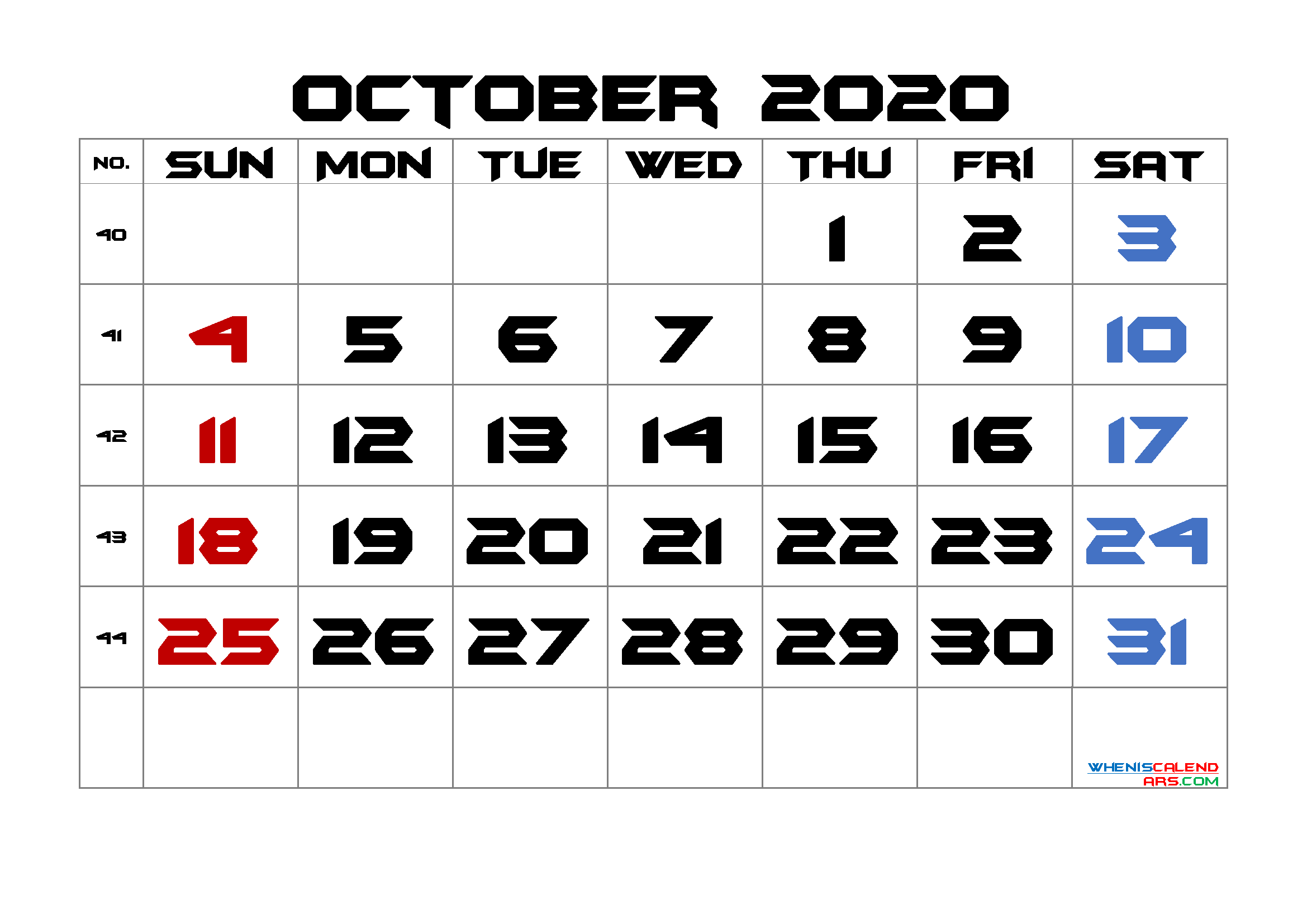 October 2020 Printable Calendar with Week Numbers