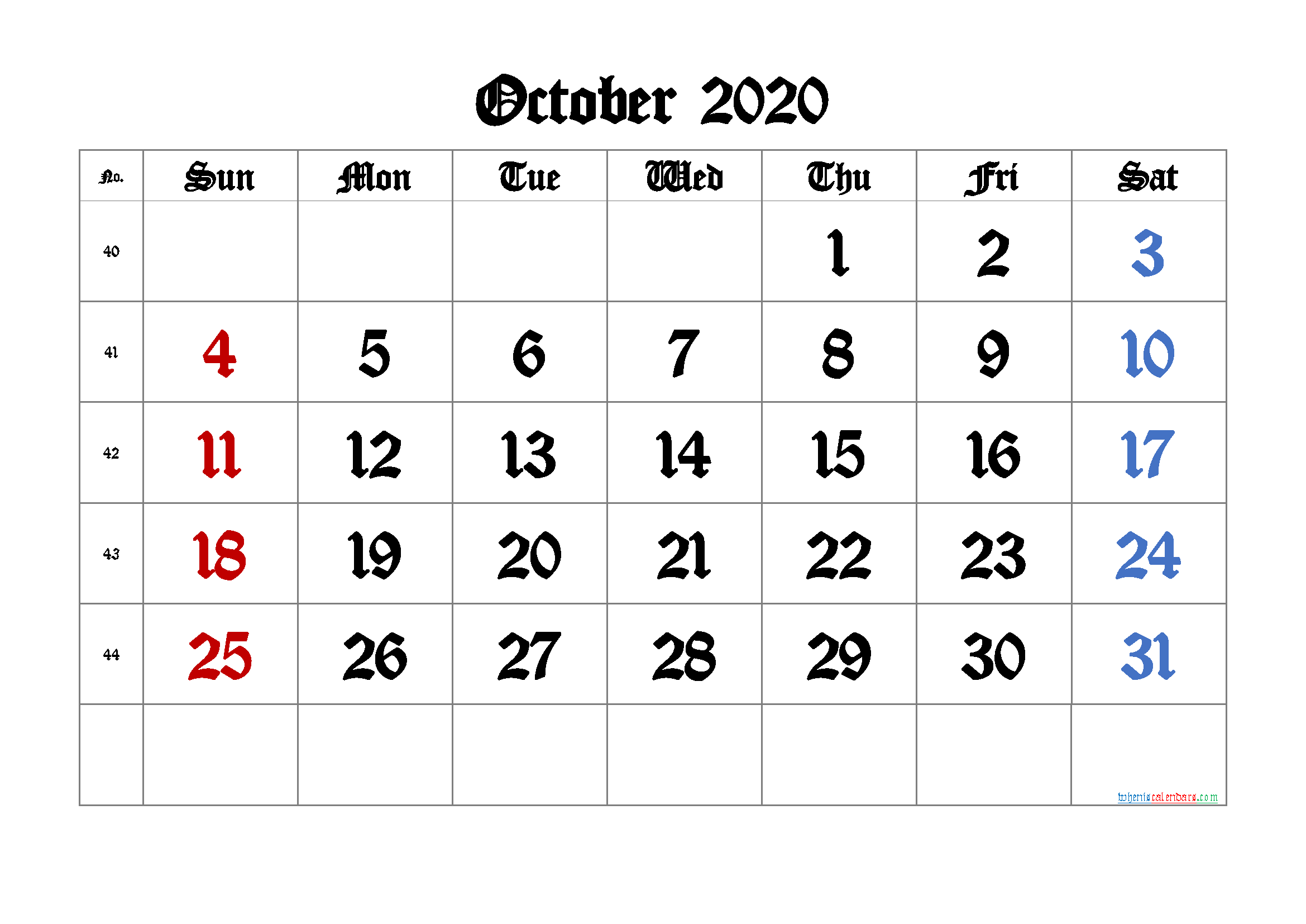 Printable October 2020 Calendar