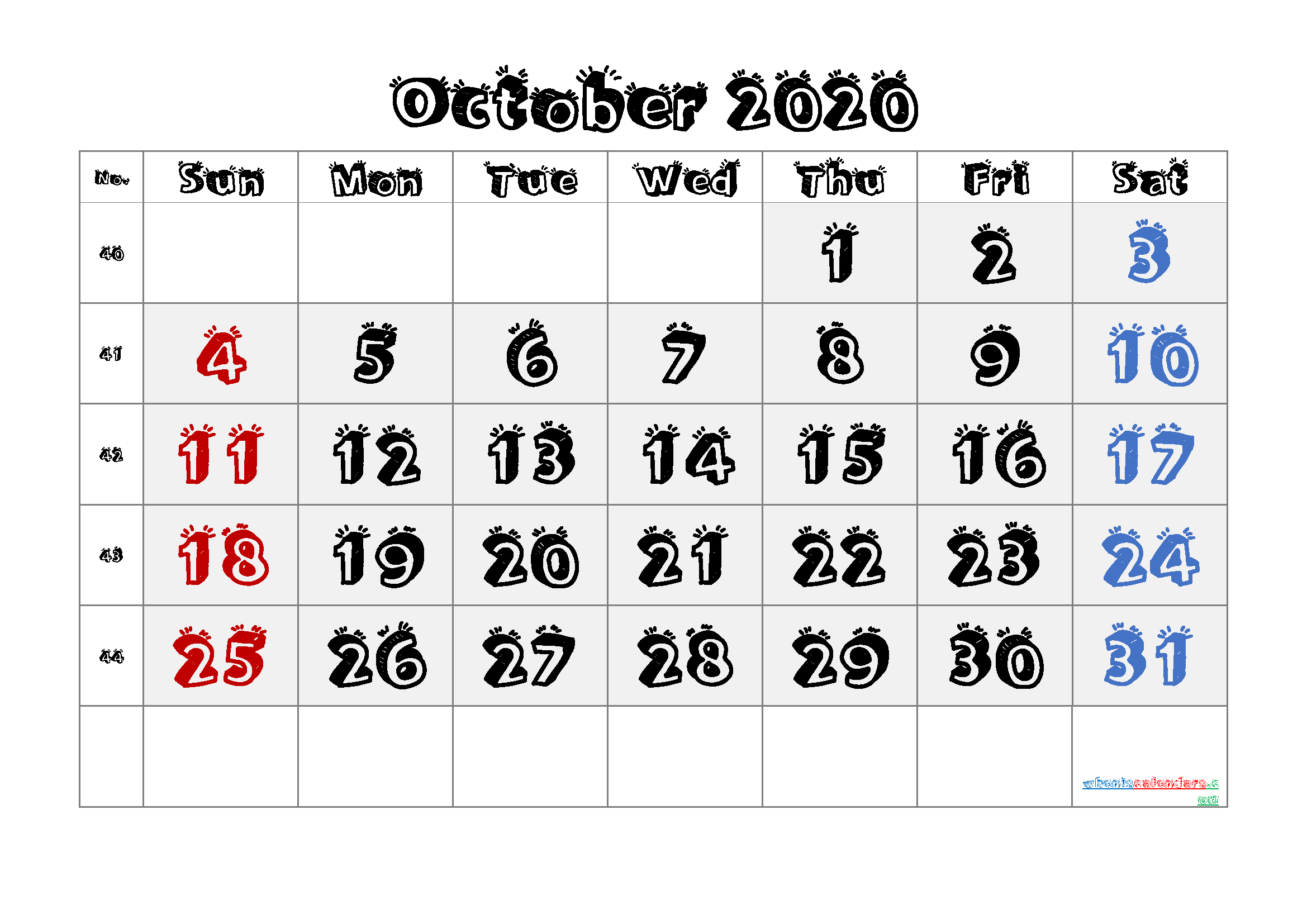 2020 October Free Printable Calendar