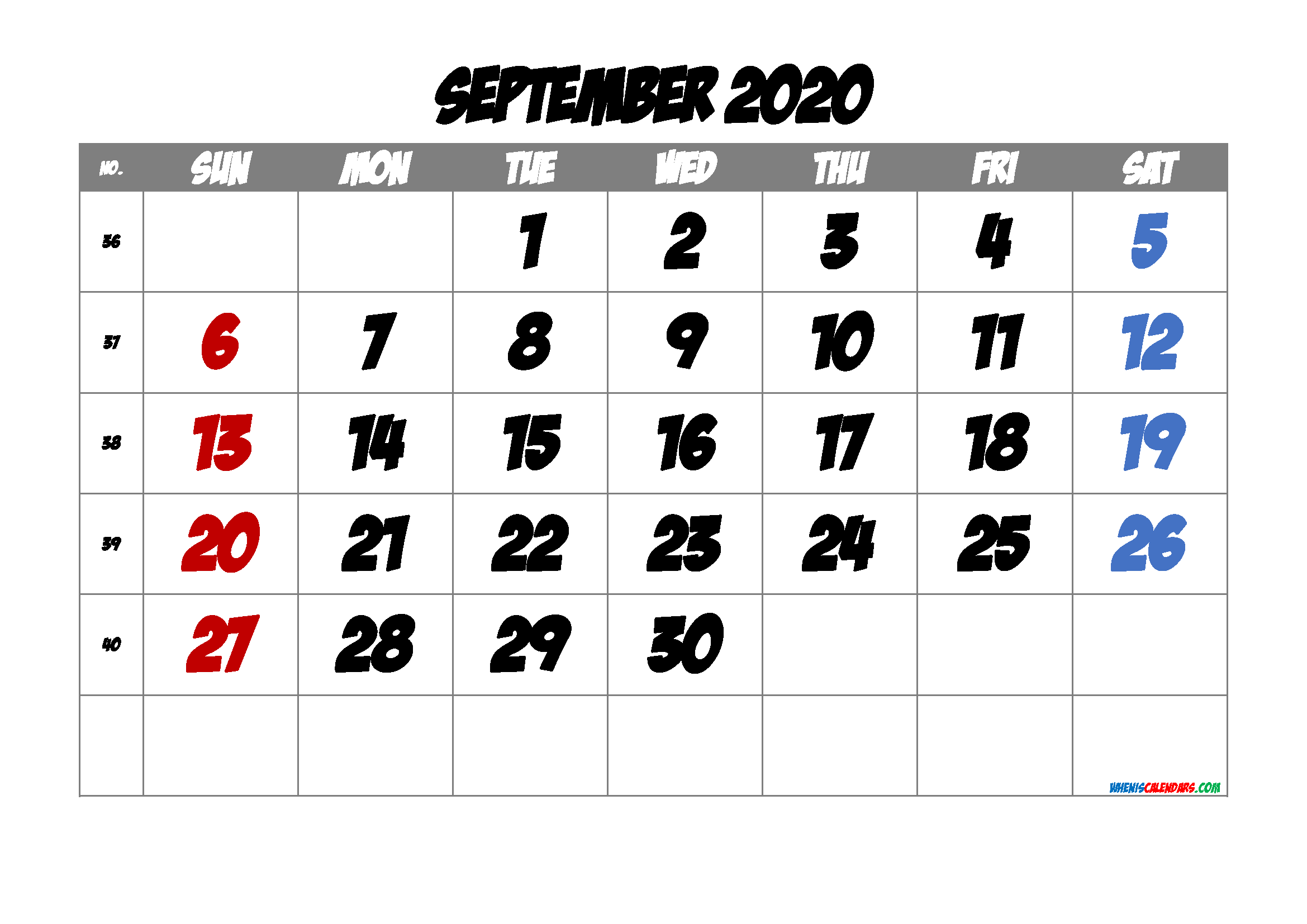 2020 September Free Printable Calendar
