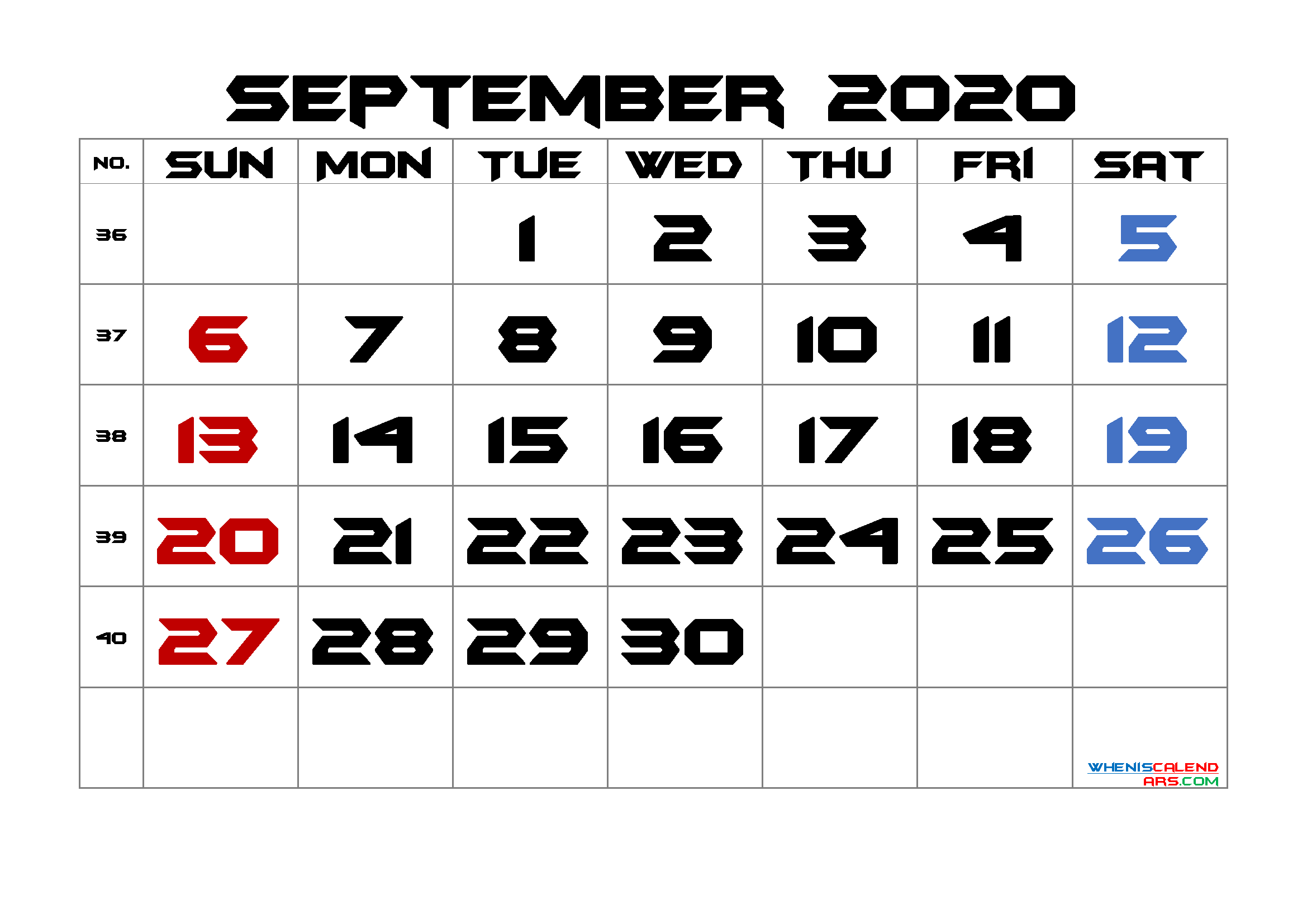 Free Printable 2020 September  Calendar
