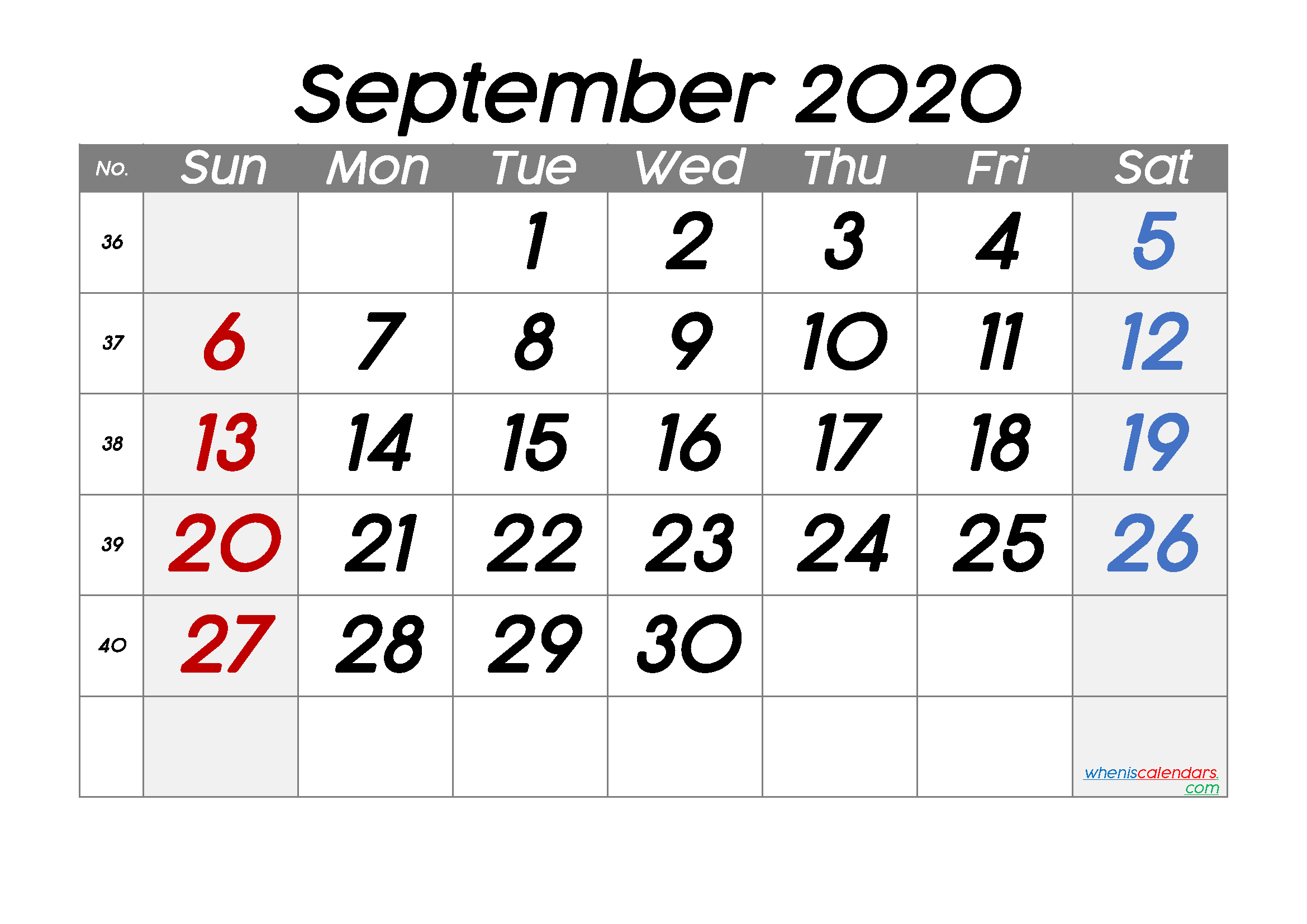 Free September 2020 Calendar with Week Numbers