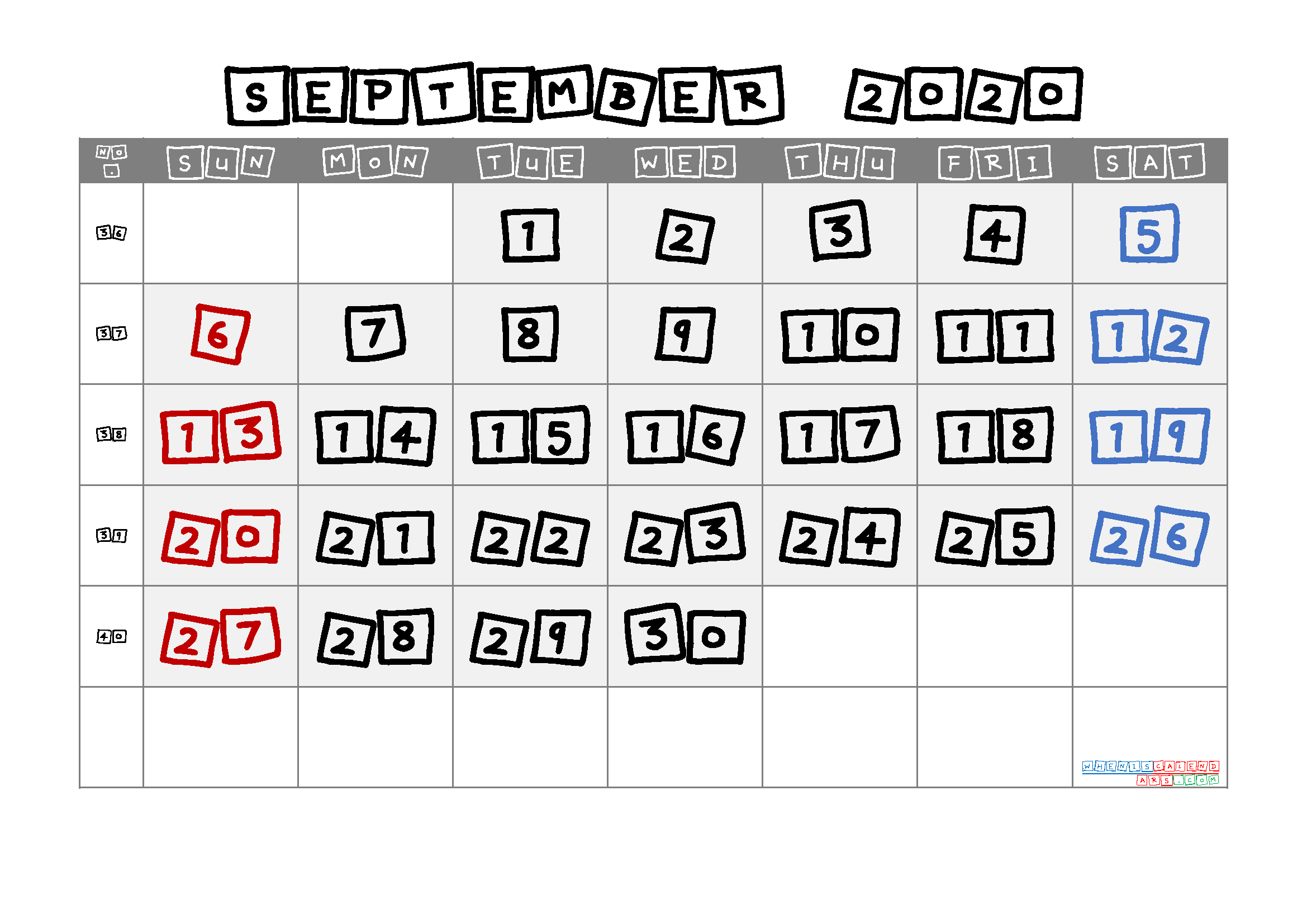 September 2020 Printable Calendar with Week Numbers