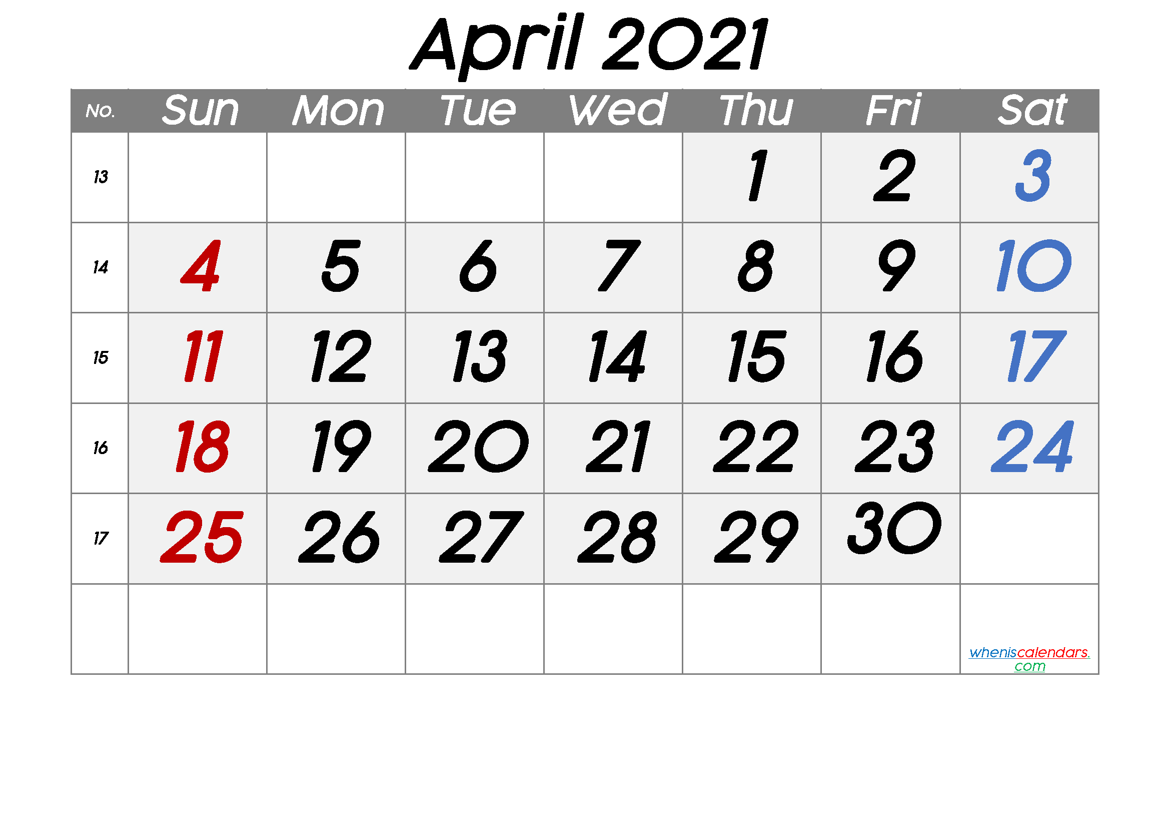 Printable April 2021 Calendar