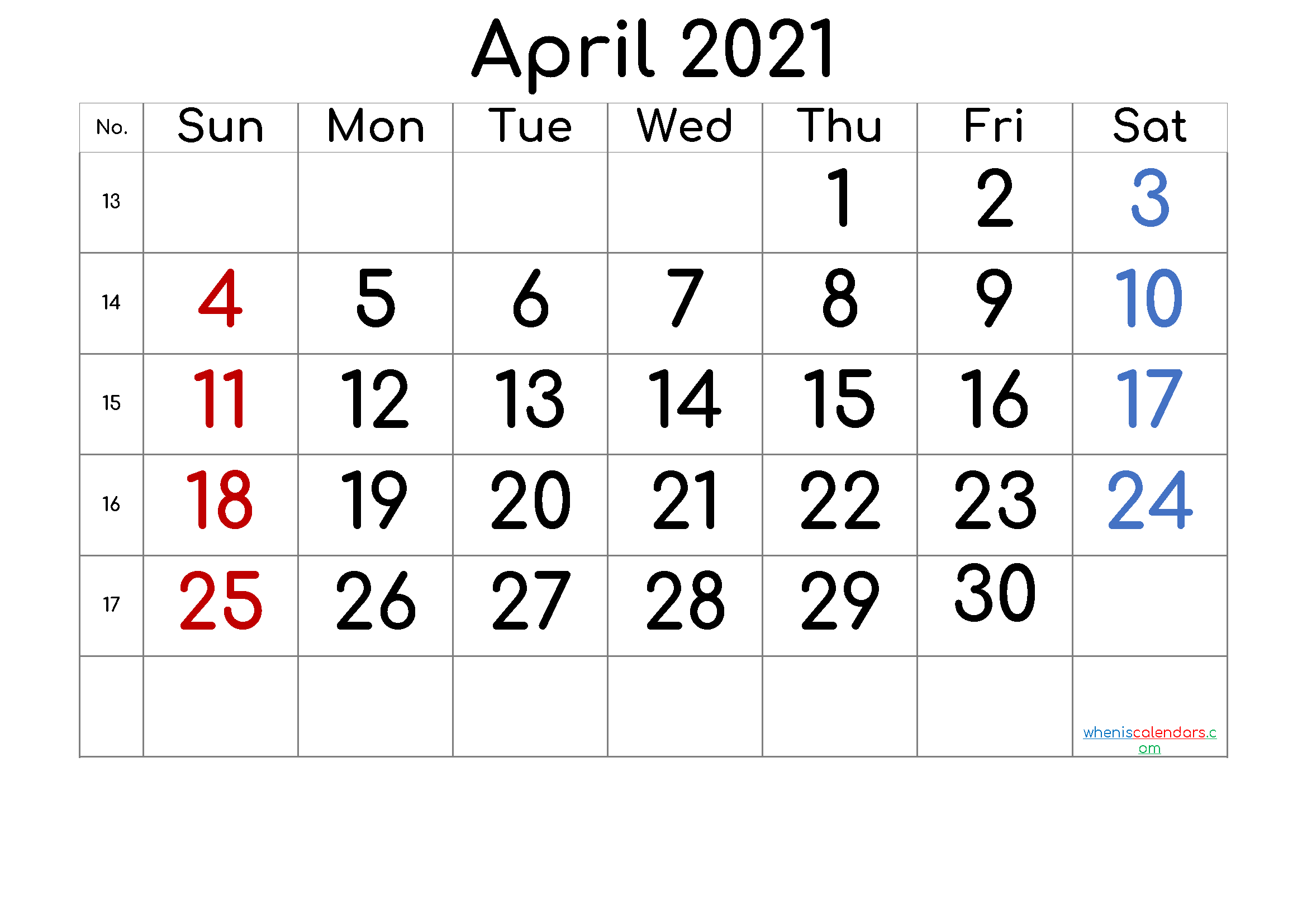 Printable April 2021 Calendar